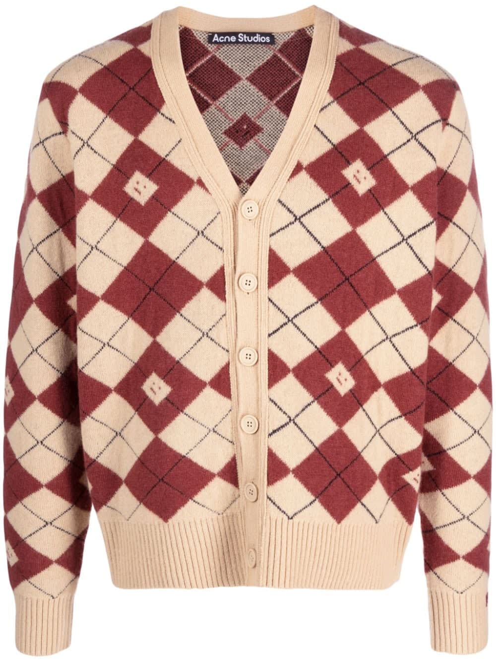 Shop Acne Studios Logo-appliqué Diamond-pattern Cardigan In Dke Biscuit Beige/deep Red