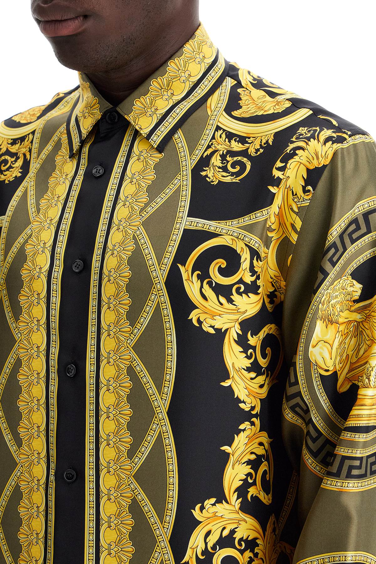 Shop Versace Barocco Silk Shirt In Black+dark Olive+gold (yellow)