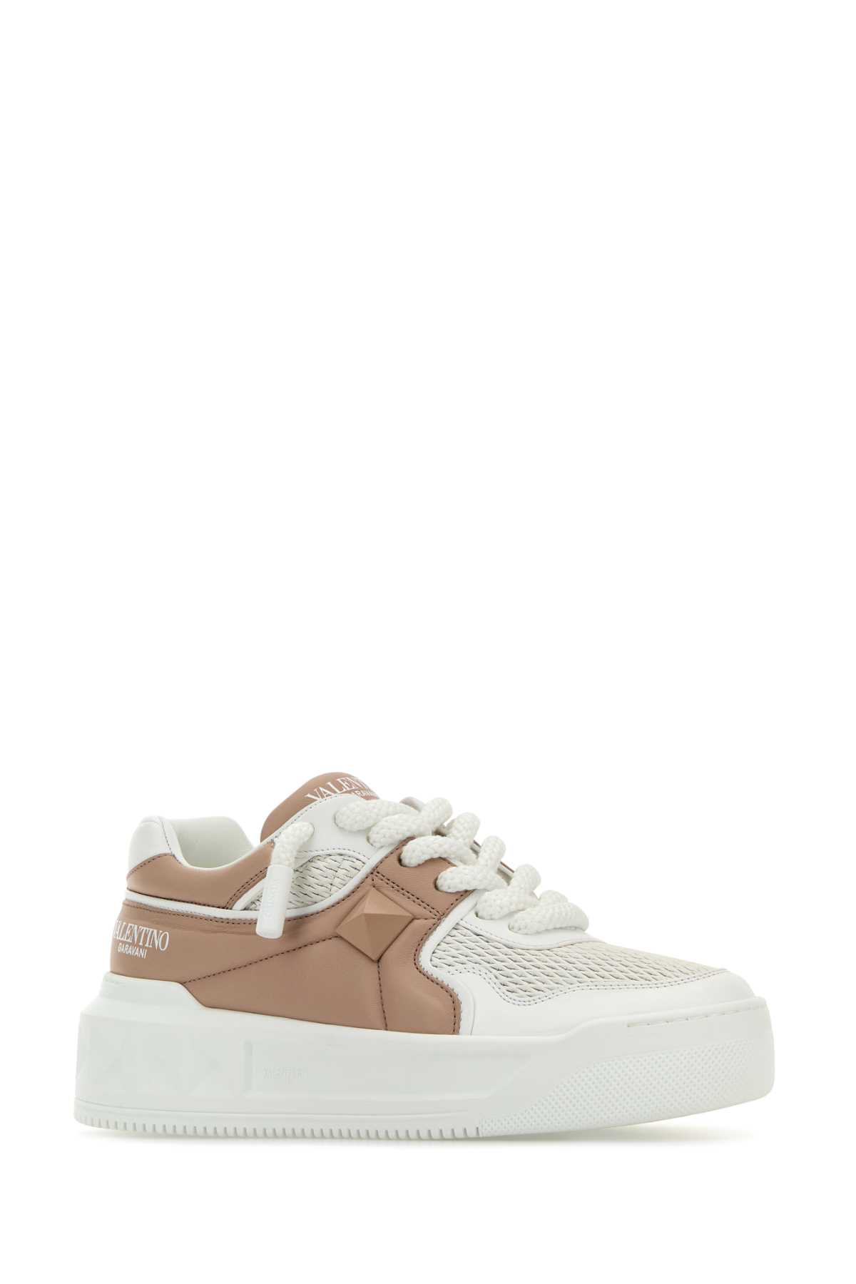 Shop Valentino Two-tone Leather One Stud Xl Sneakers In Biancobiabeigerosebiabeigerosebi