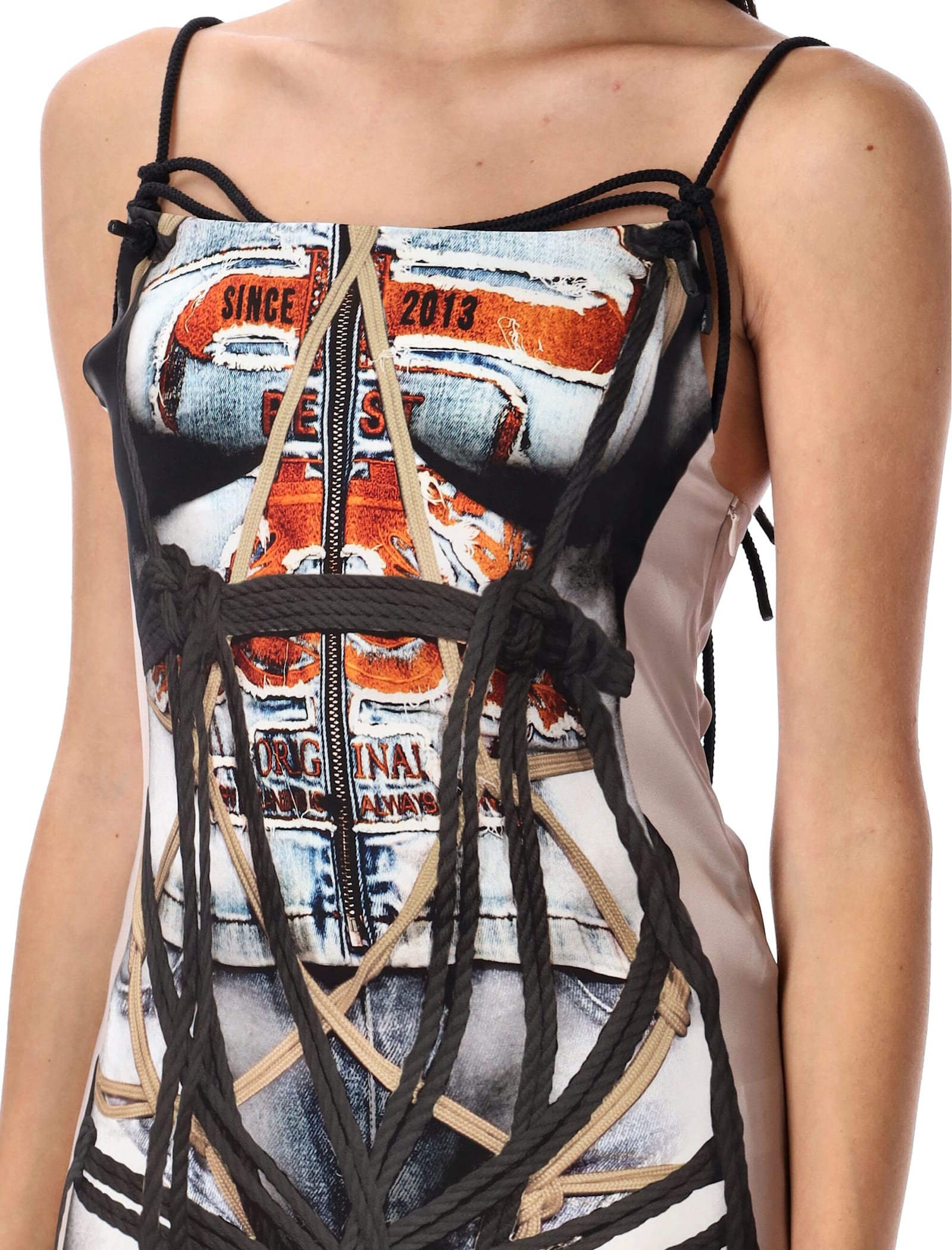 Y/project Bondage Print Dress Sheer Panels In Taupe Green