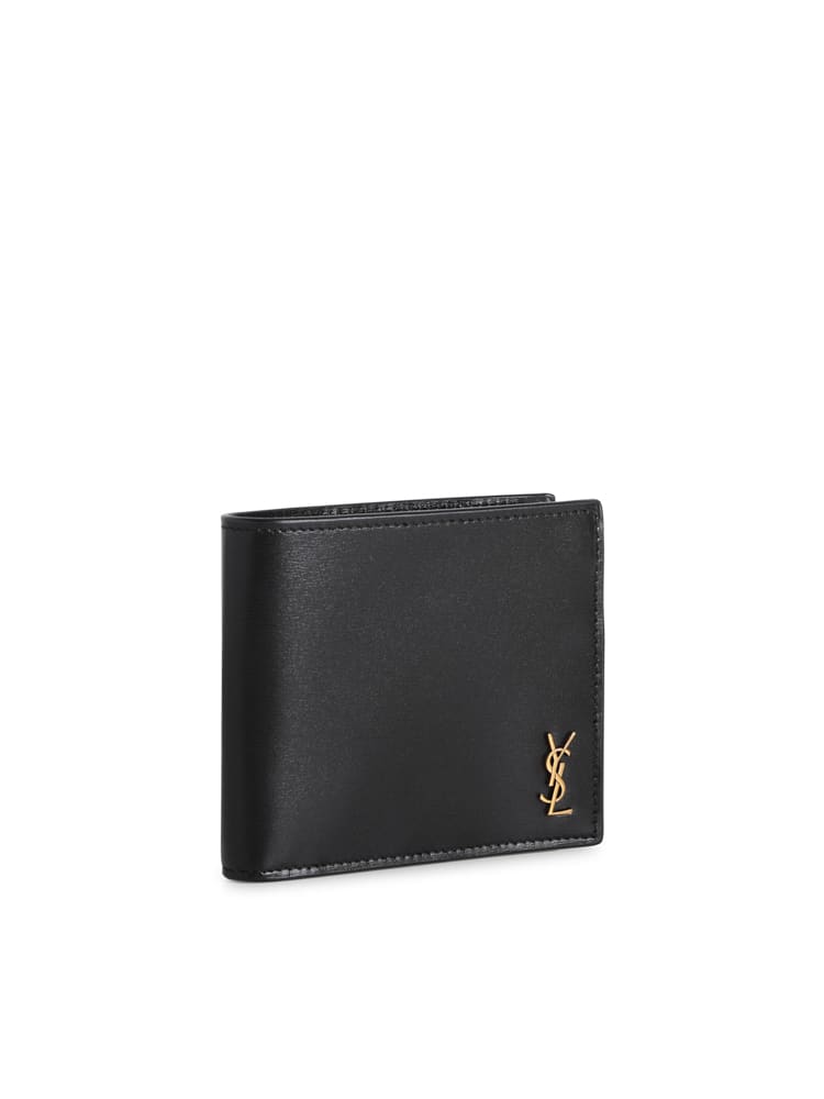 Shop Saint Laurent Compact Leather Wallet With Interlocking Ysl Logo In Black