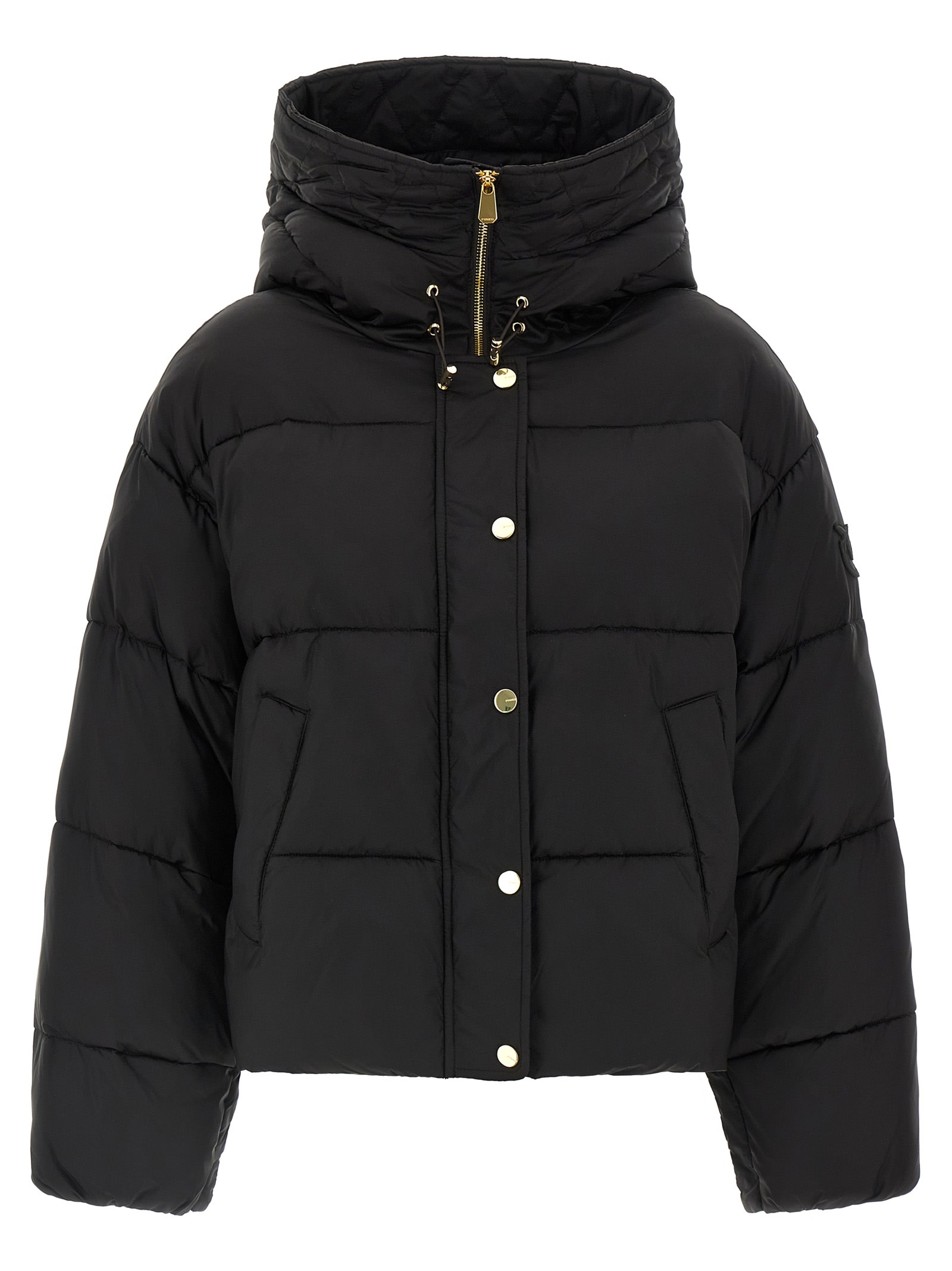 Pinko Cropped Black Coat With Hooded Neckline And Embroidered Logo In Brown