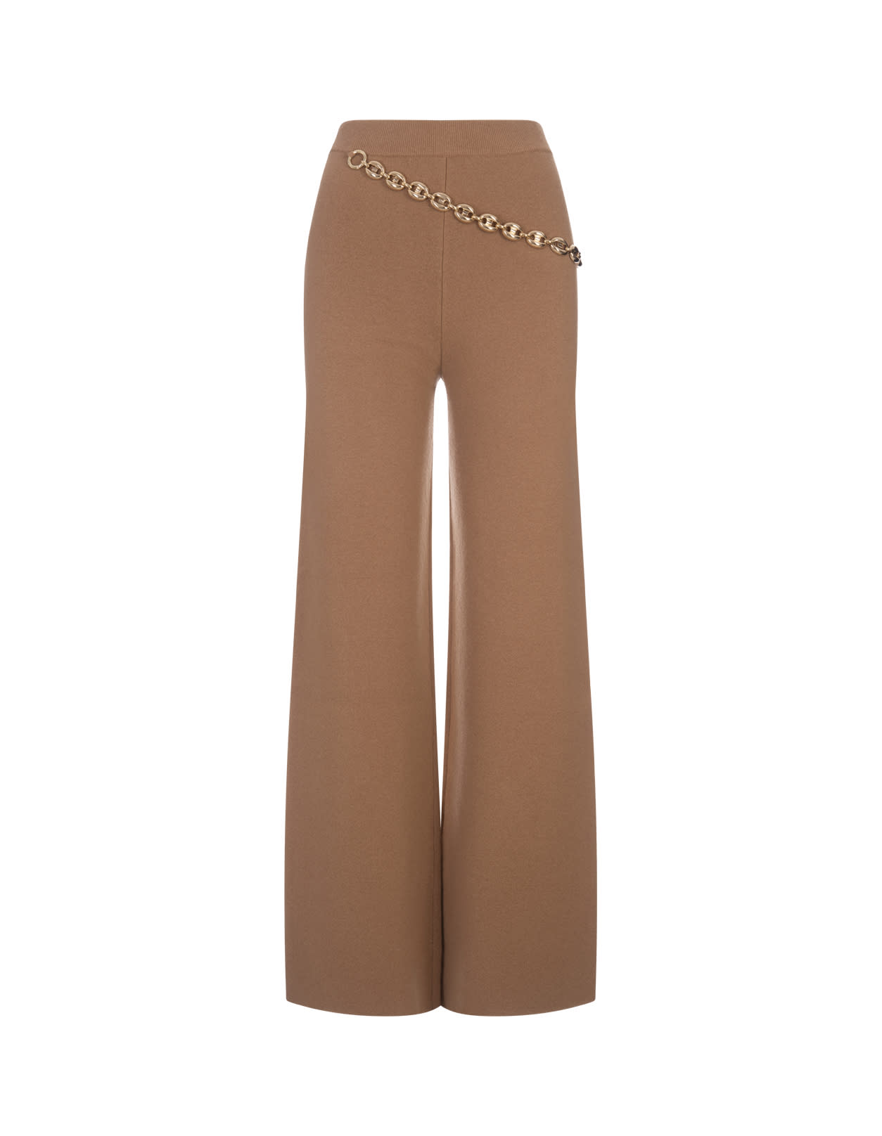 Camel Wool And Cashmere Wide-leg Trousers With Chain