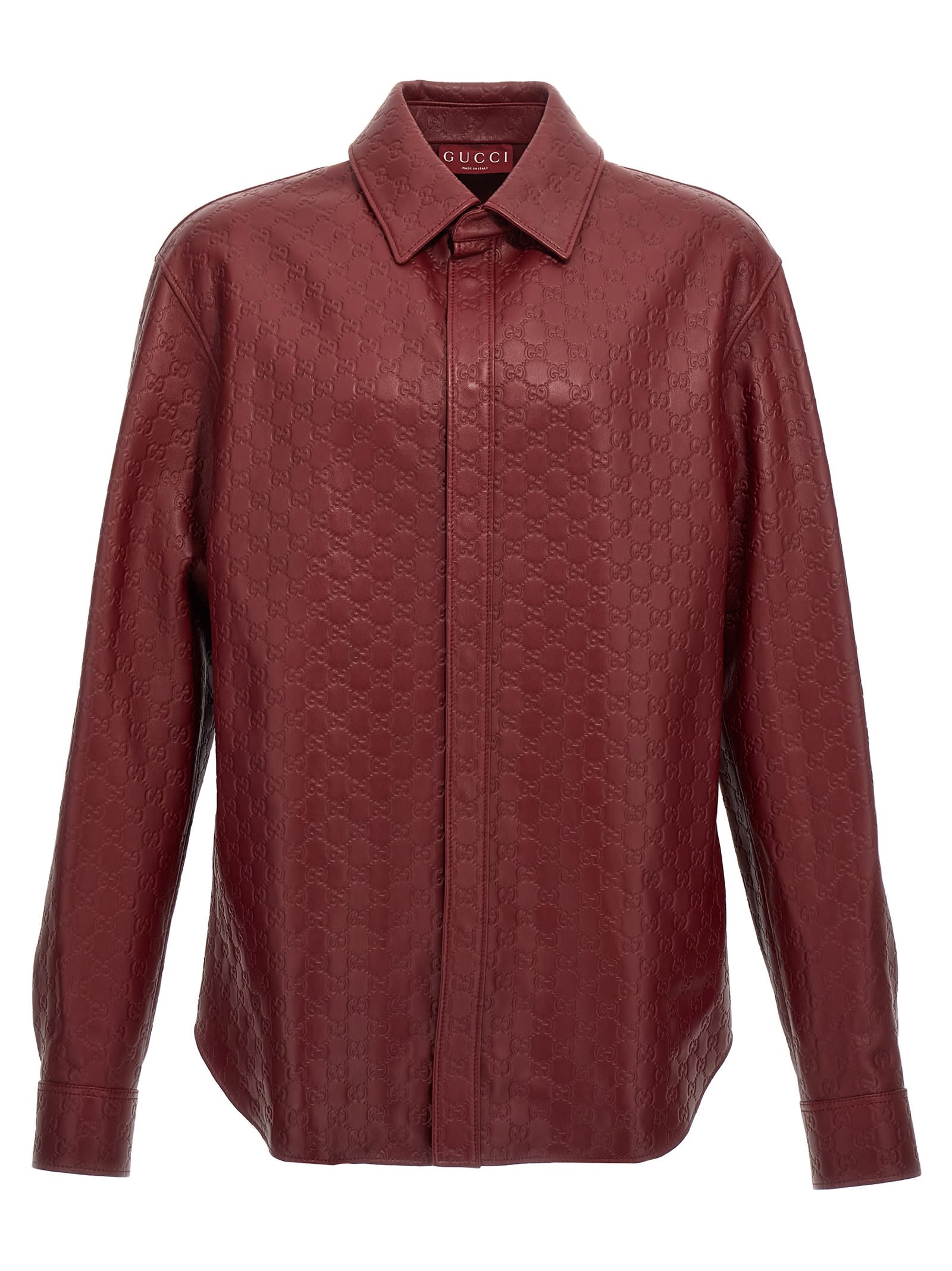 Shop Gucci Gg Leather Overshirt In Bordeaux