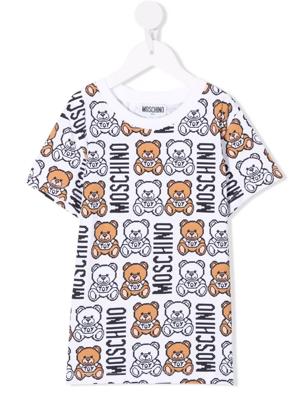 Moschino Kids White T-shirt With All-over Logo And Pixelated Teddy Bear