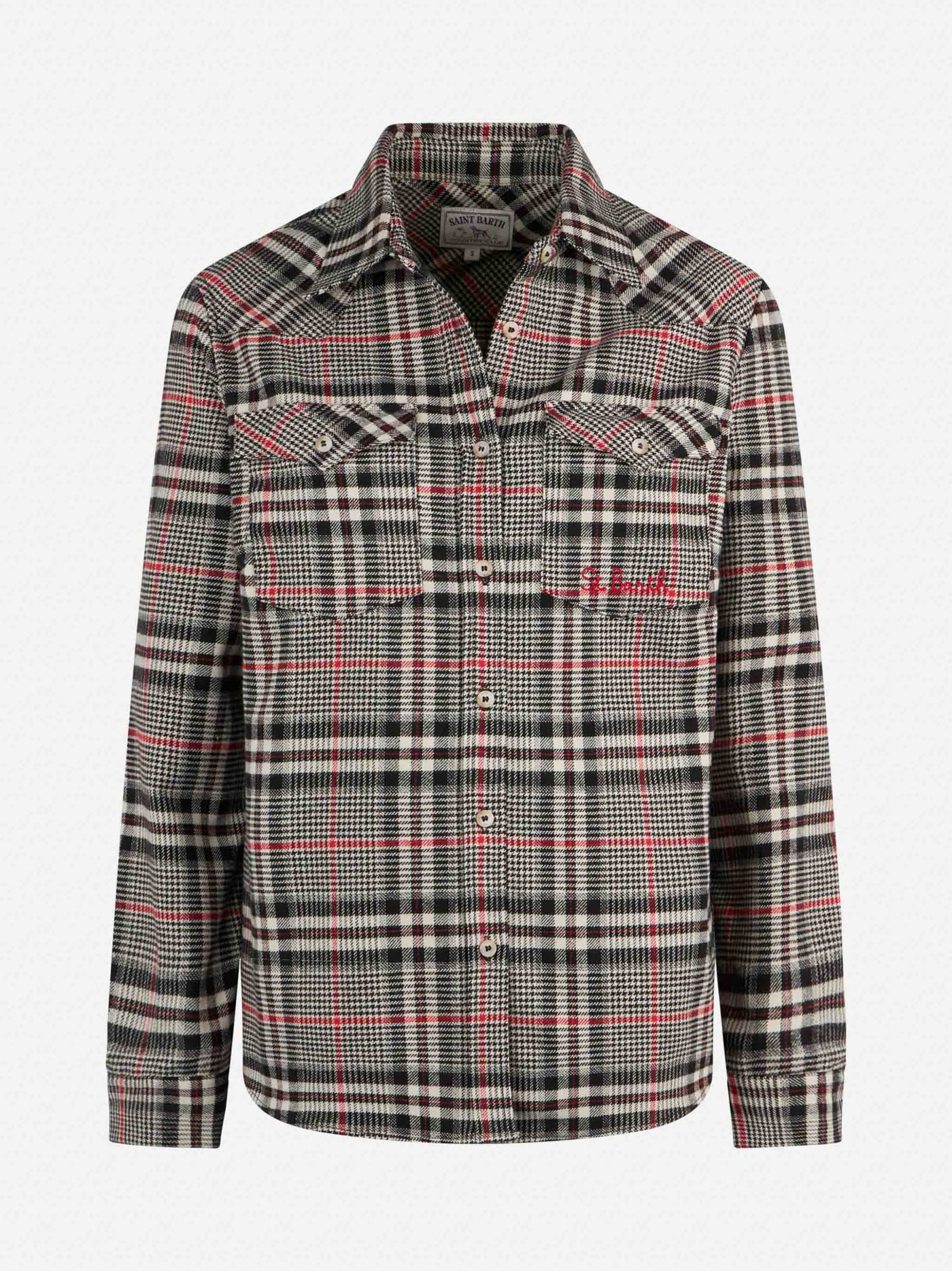Mc2 Saint Barth Woman Velvet Overshirt With Prince Of Wales Print In Black