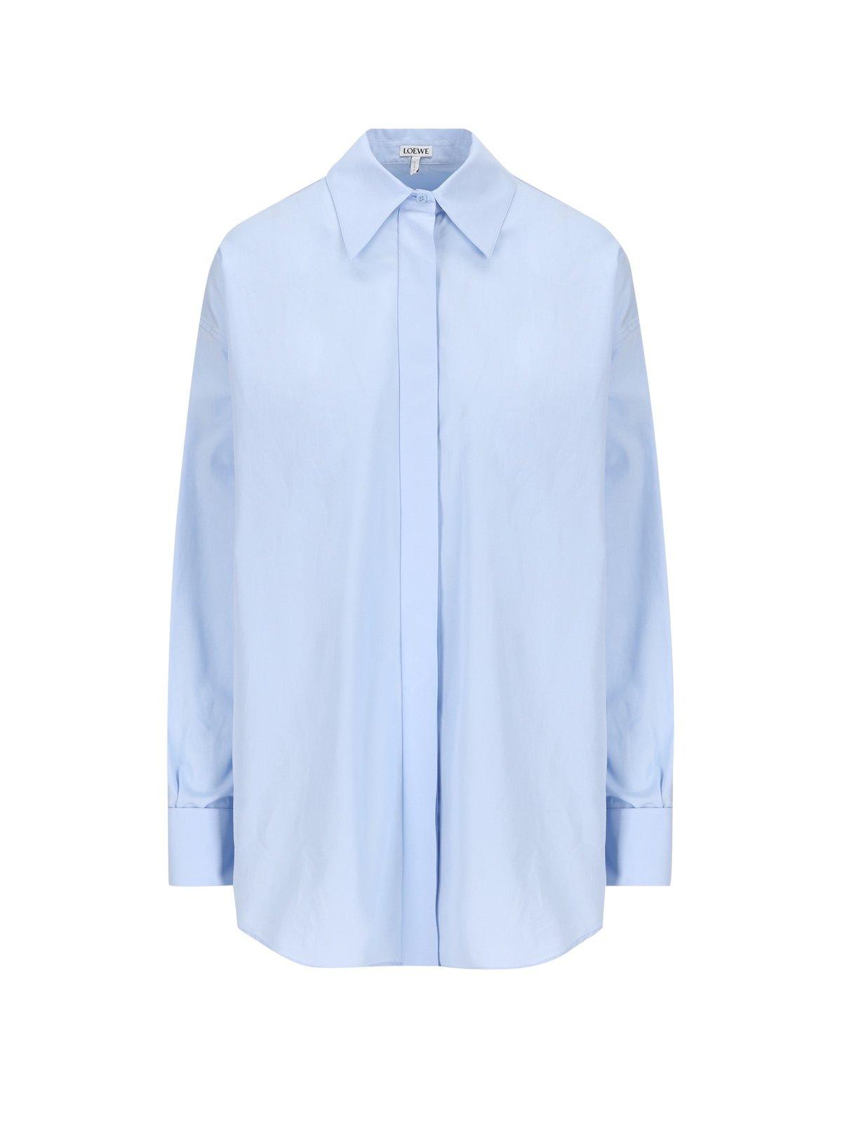 Shop Loewe Curved Hem Buttoned Shirt In Blue