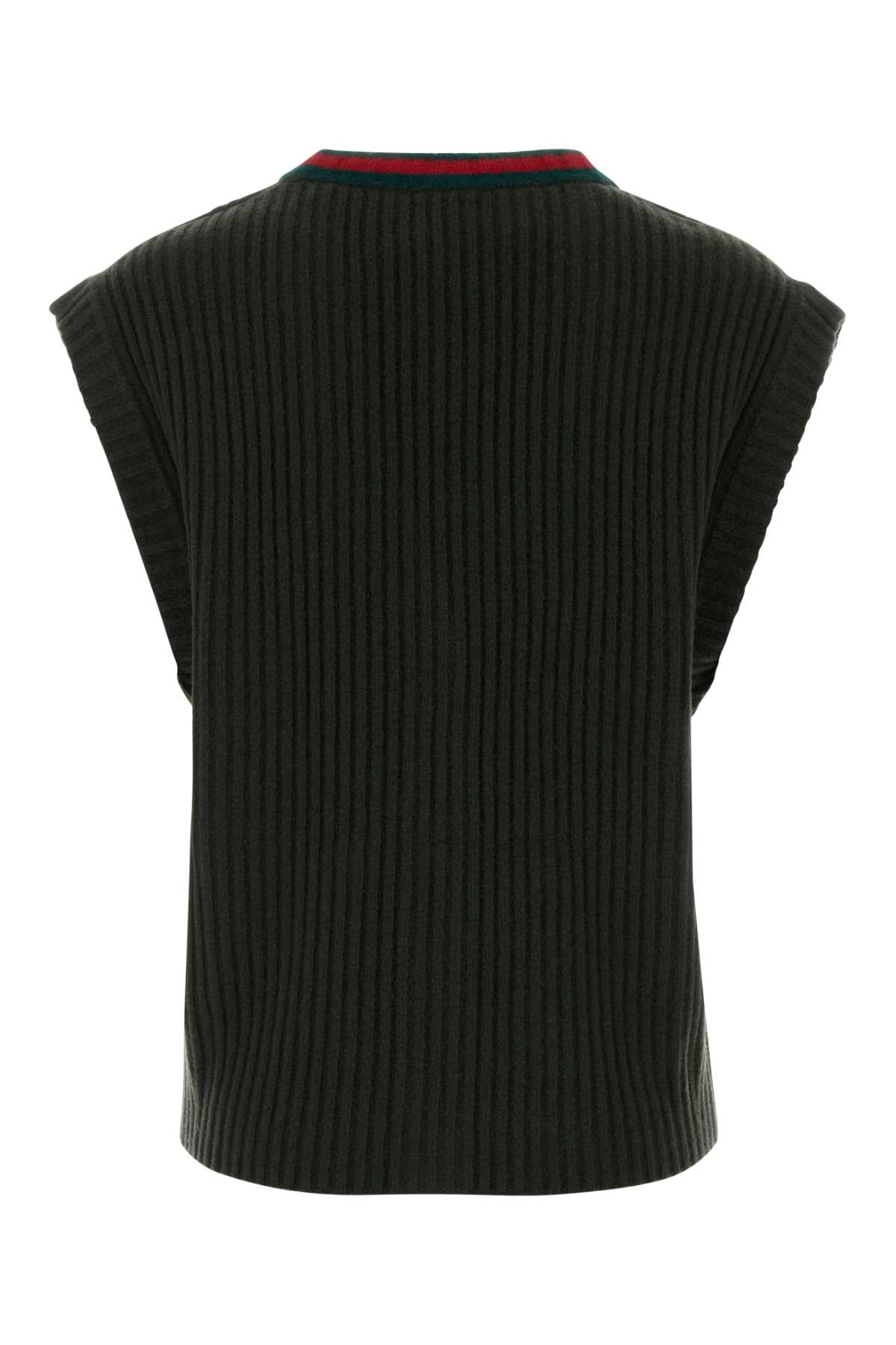 Gucci Wool Vest With Front Pockets And Ribbed Texture In Green