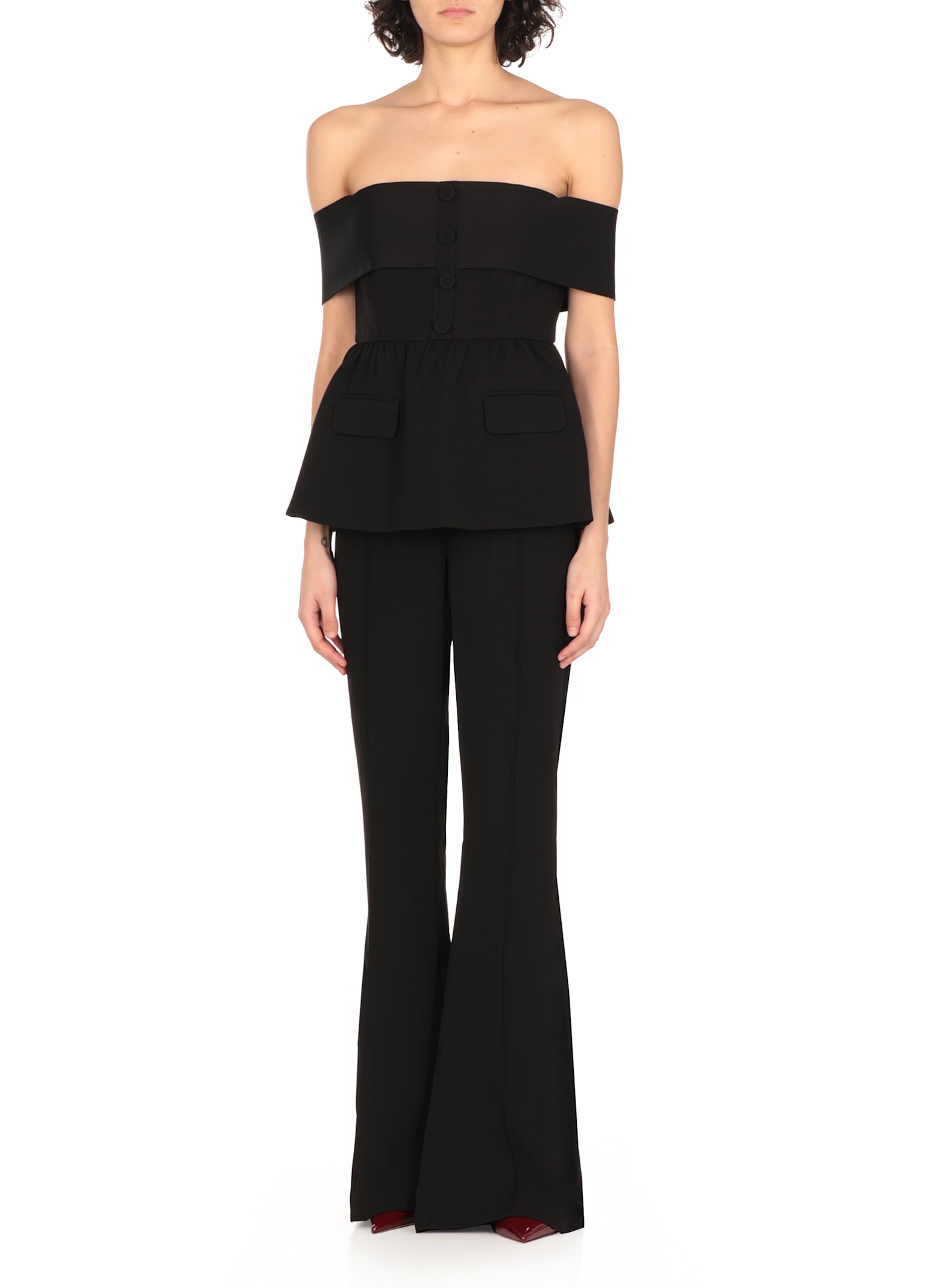 Self-portrait Black Crepe Off Shoulder Jumpsuit Black In Black