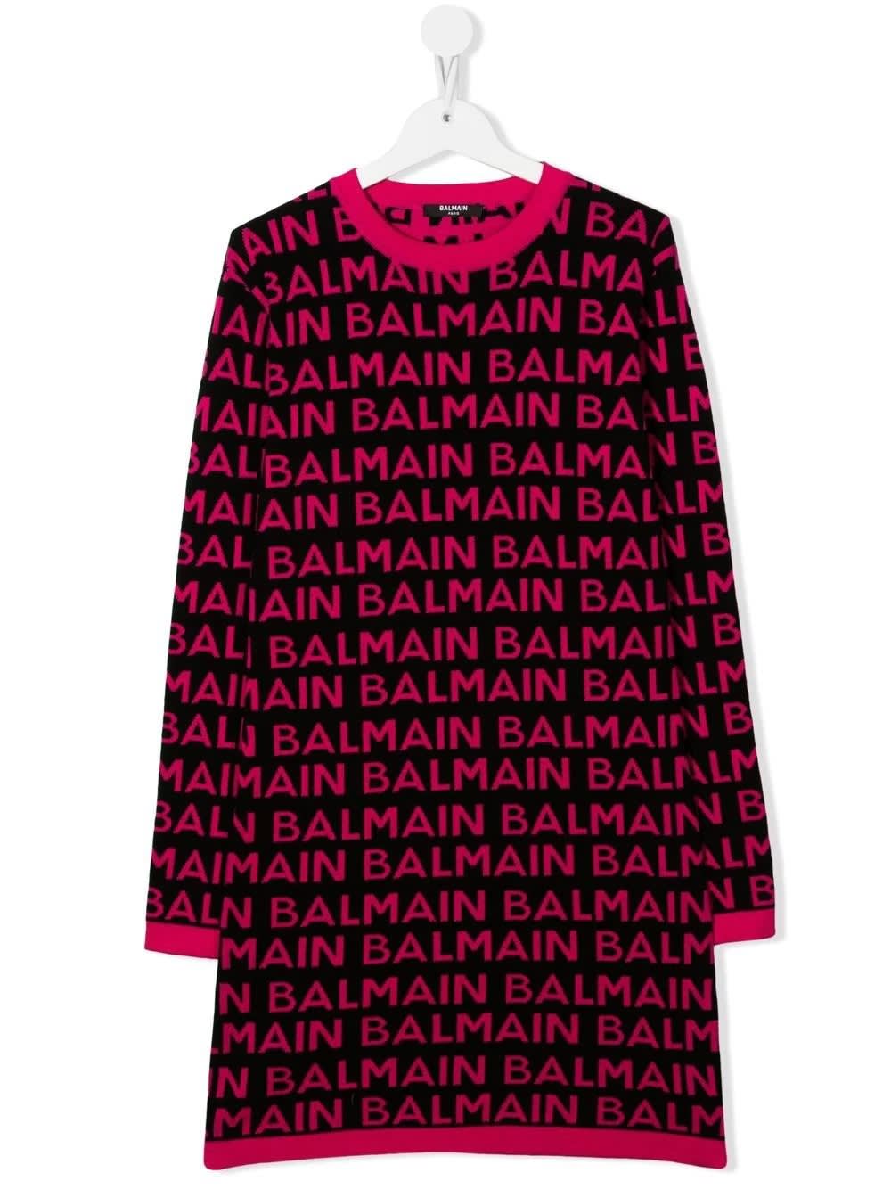 Balmain Kids Black Short Dress With Fuchsia All-over Logo