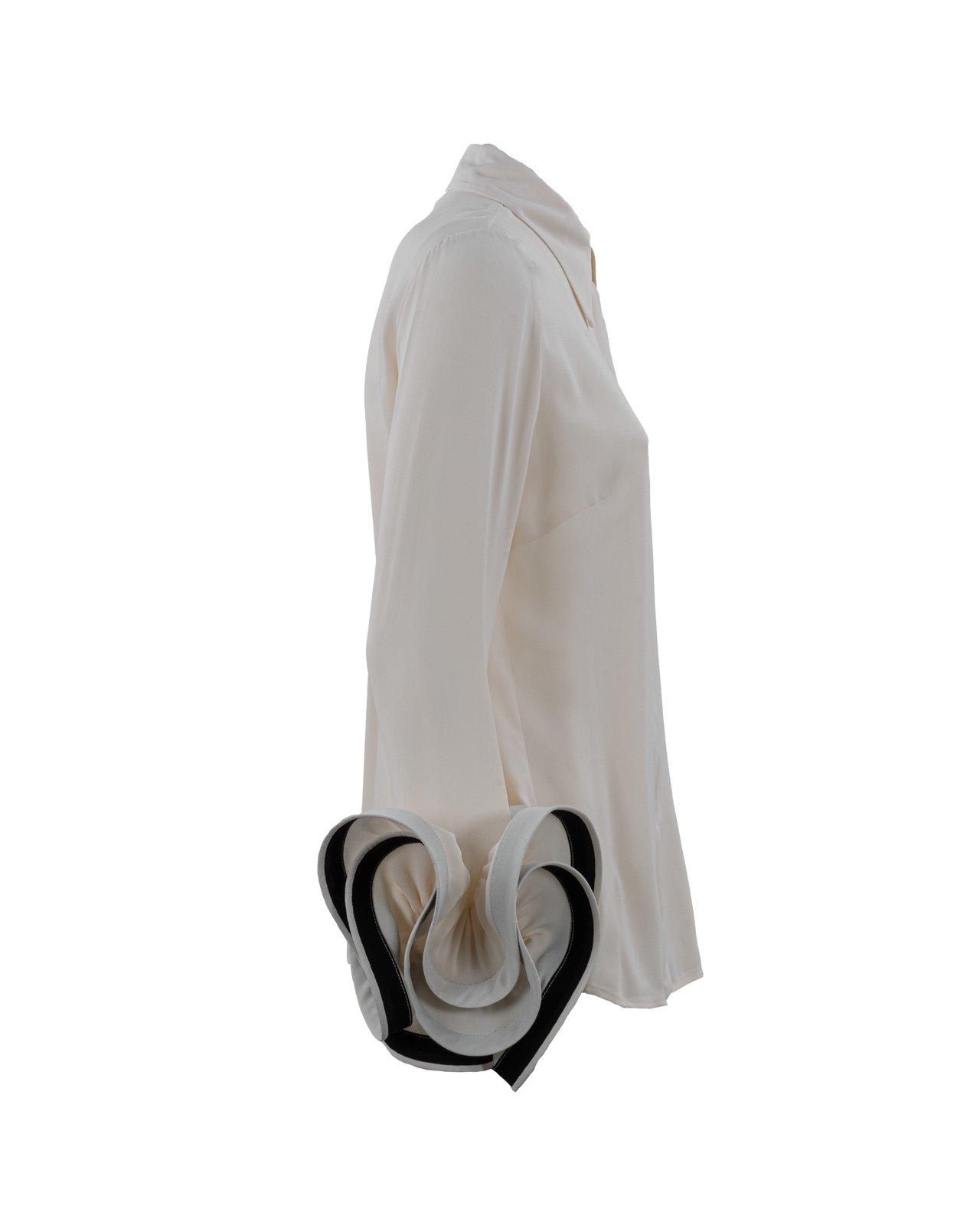 Shop Elisabetta Franchi Ruffled Foulard Scarf Georgette Blouse In Burro