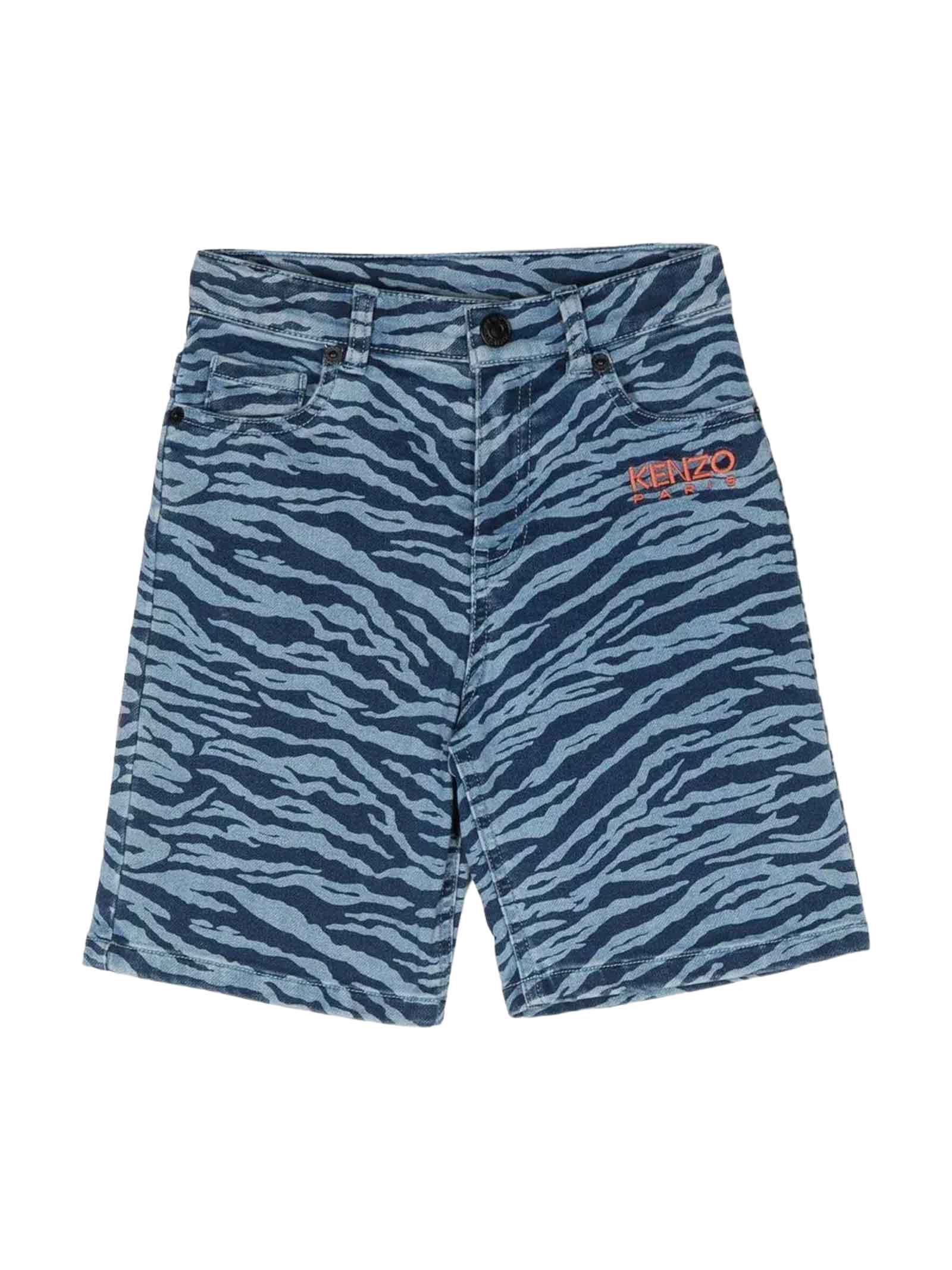 Kenzo All Over Print Denim Effect Shorts In Blu