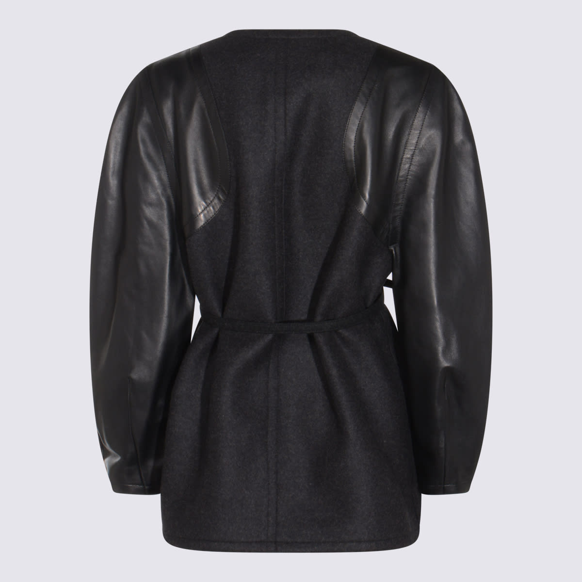 Fendi Women Virgin Wool Coat With Leather Sleeves In Black