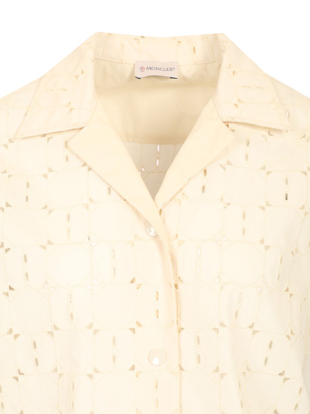 Moncler Short-sleeve Cotton Blend Shirt With Embroidered Design In White