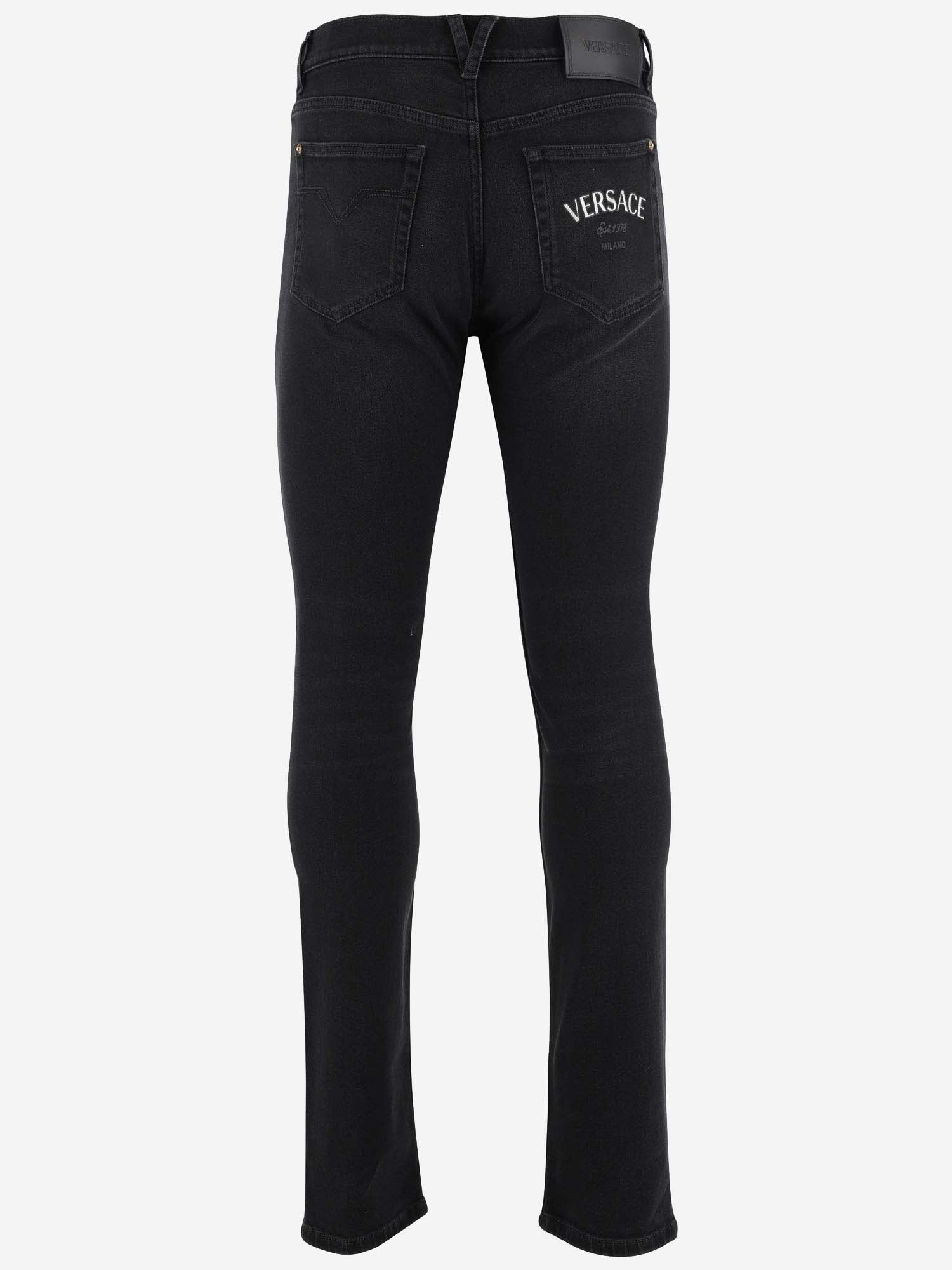 Shop Versace Stretch Cotton Denim Jeans With Logo In Nero Lavato Sbiadito