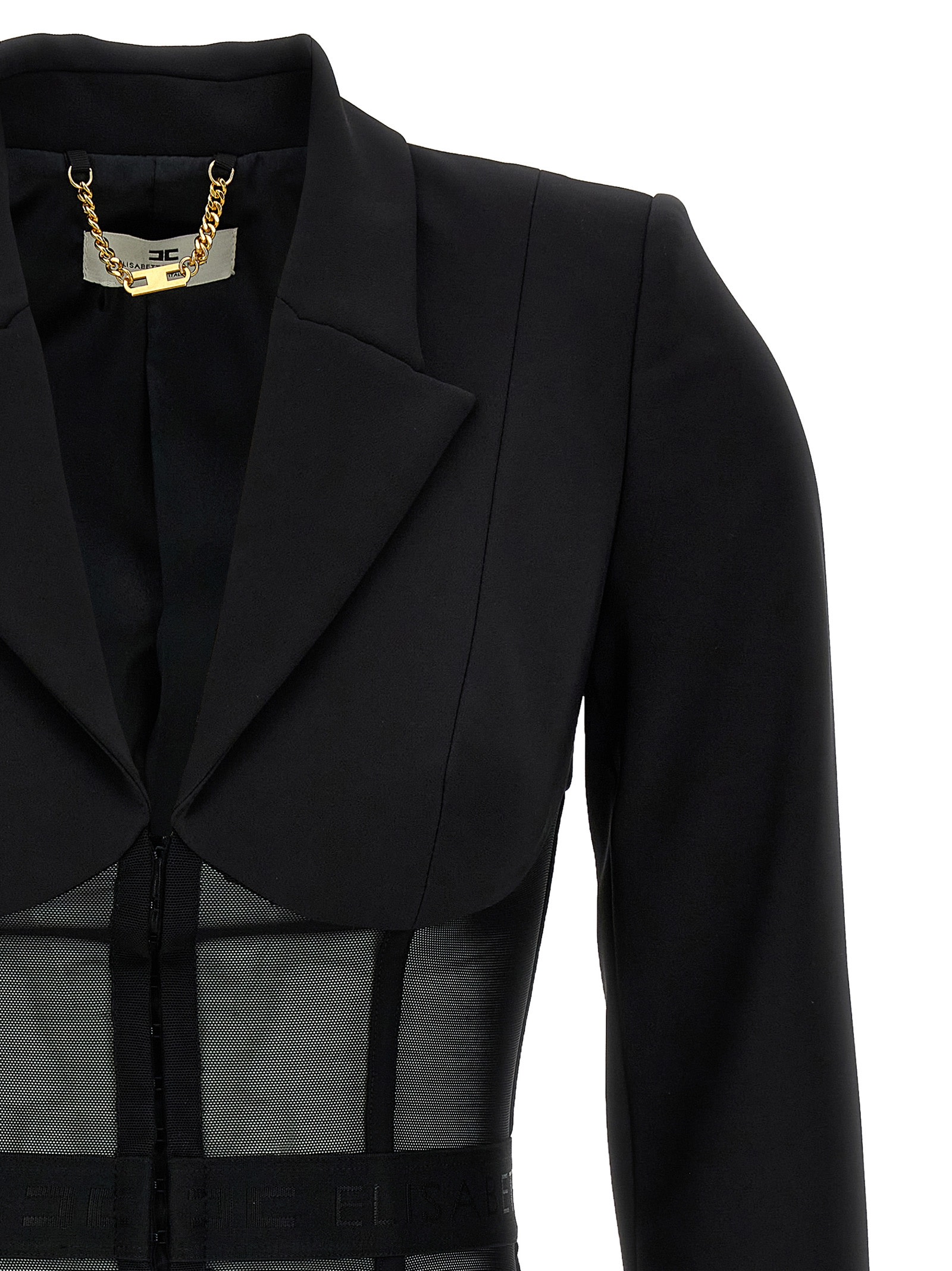 Elisabetta Franchi Tailored Blazer With Sheer Tulle Panels In Black