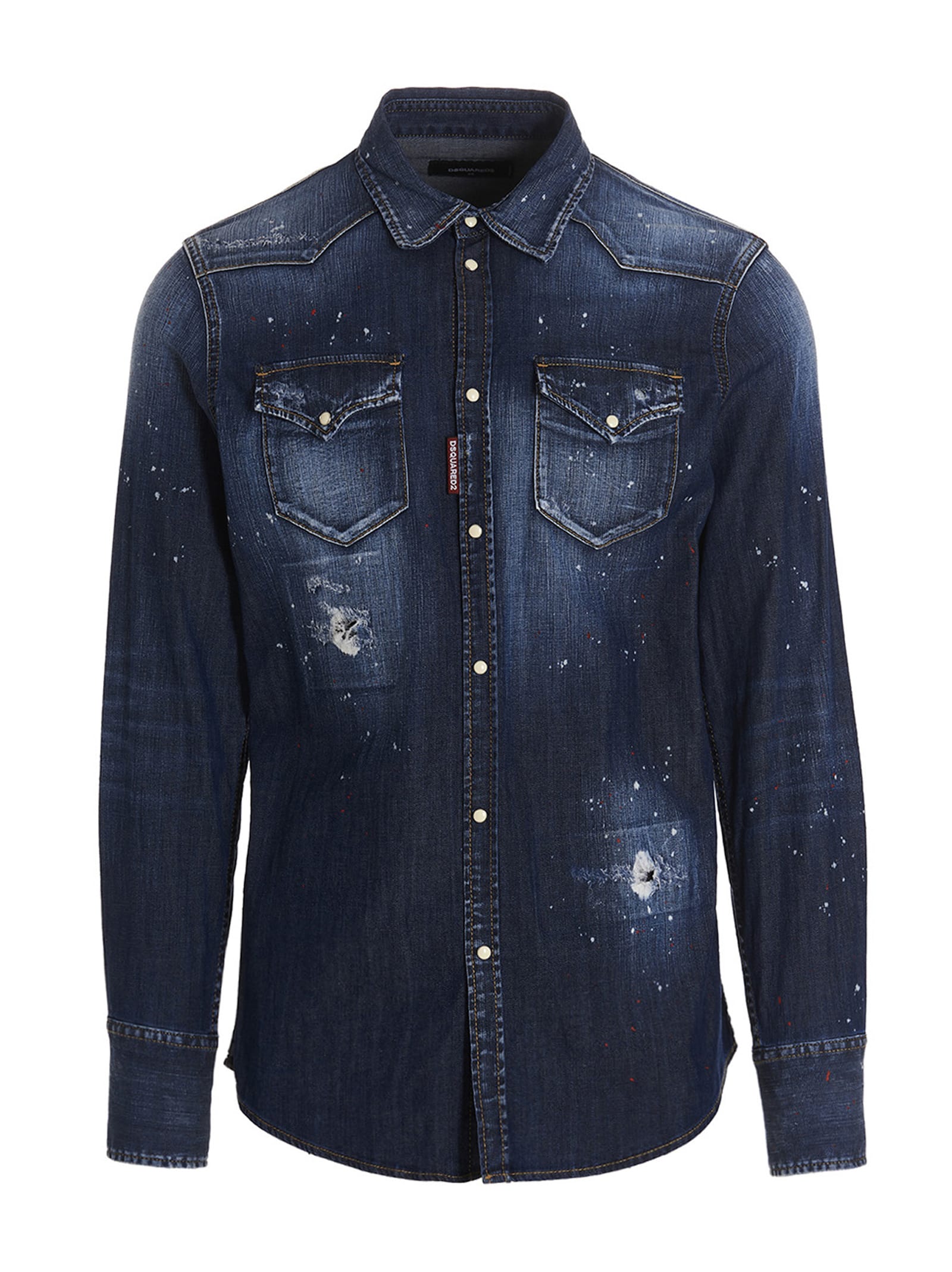 Dsquared2 Blue Shirt With Pointed Collar And Elbow Patches In Denim Man In Blue