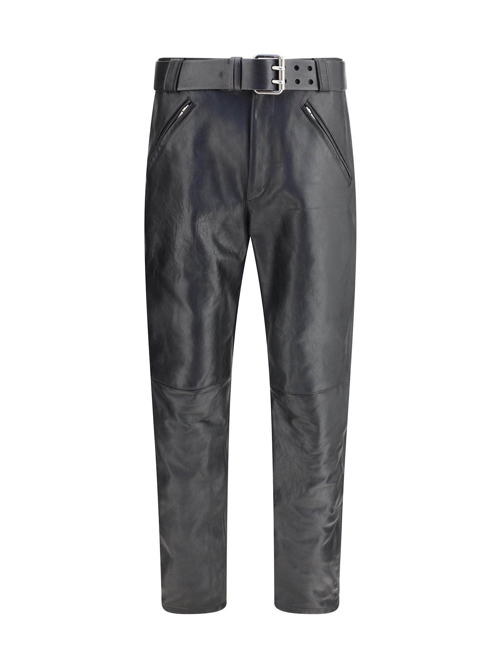 Saint Laurent Hammered Leather Belted Pants In Black