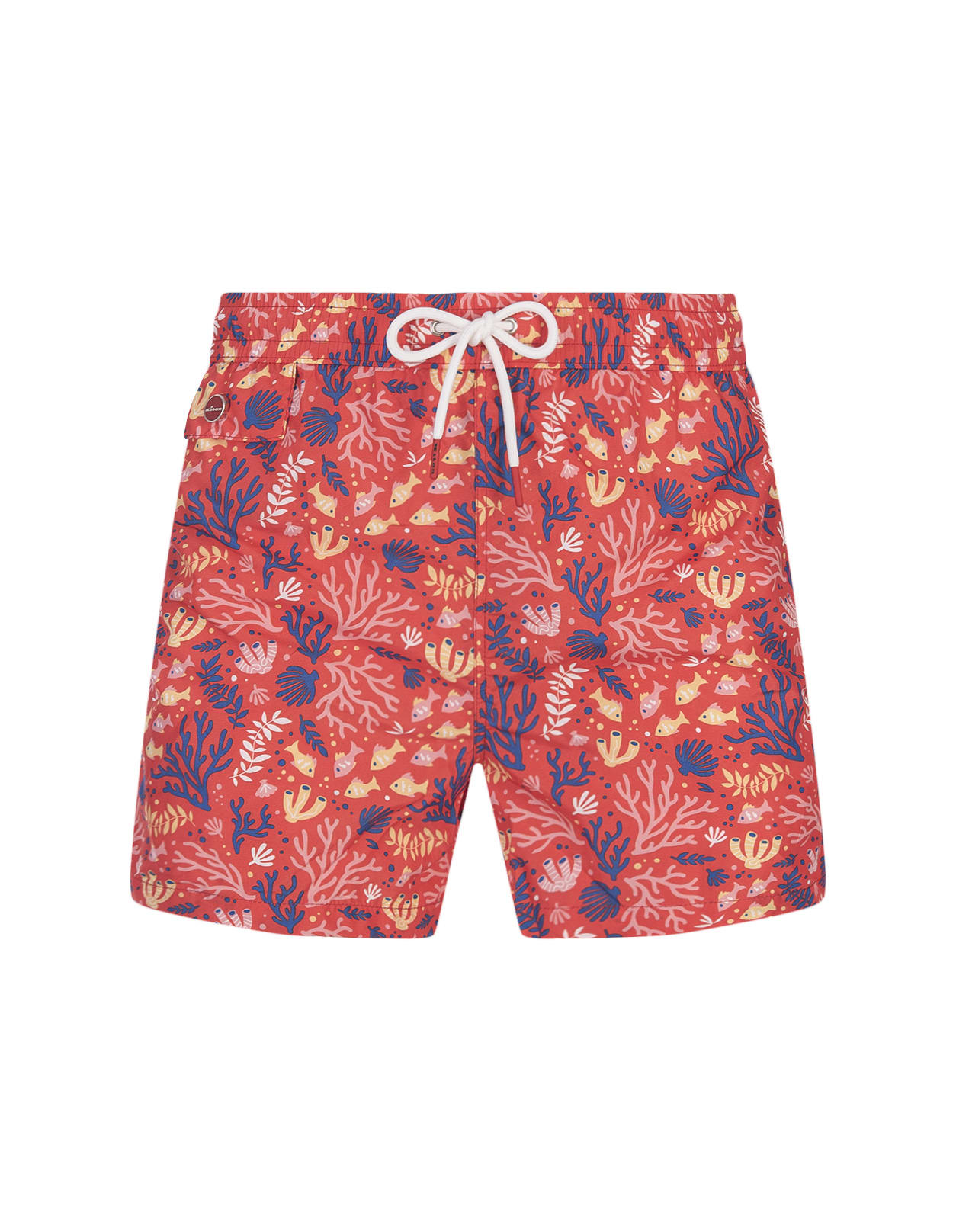 Red Swim Shorts With Fish And Coral Pattern