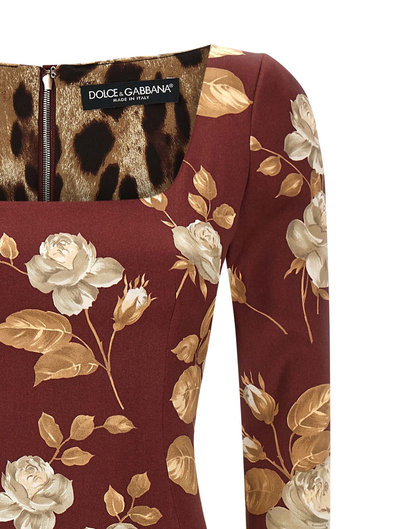 Dolce & Gabbana Floral Pattern Knee-length Dress With Long Sleeves In Brown
