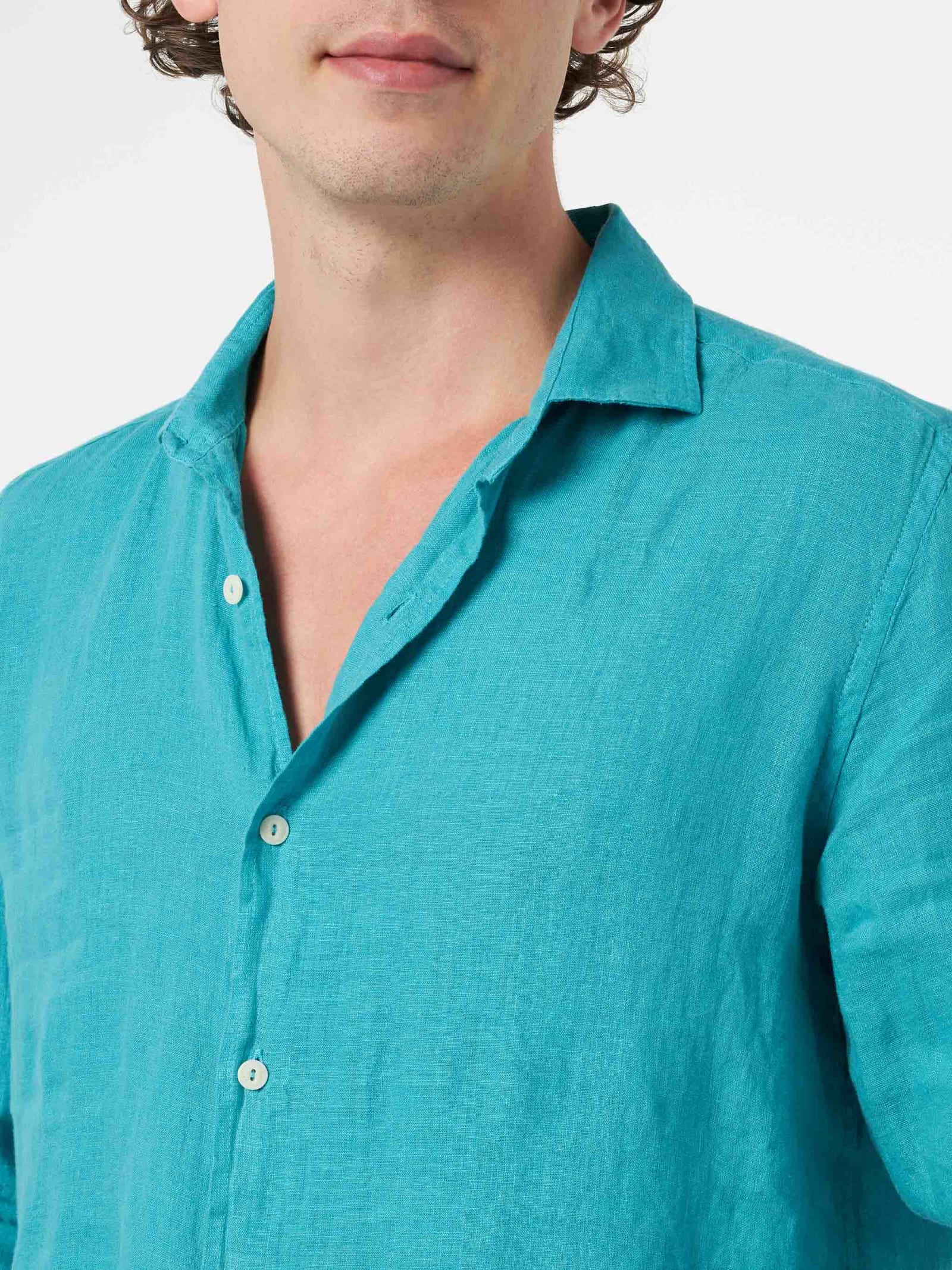 Mc2 Saint Barth Man Teal Linen Shirt Pamplona In Green