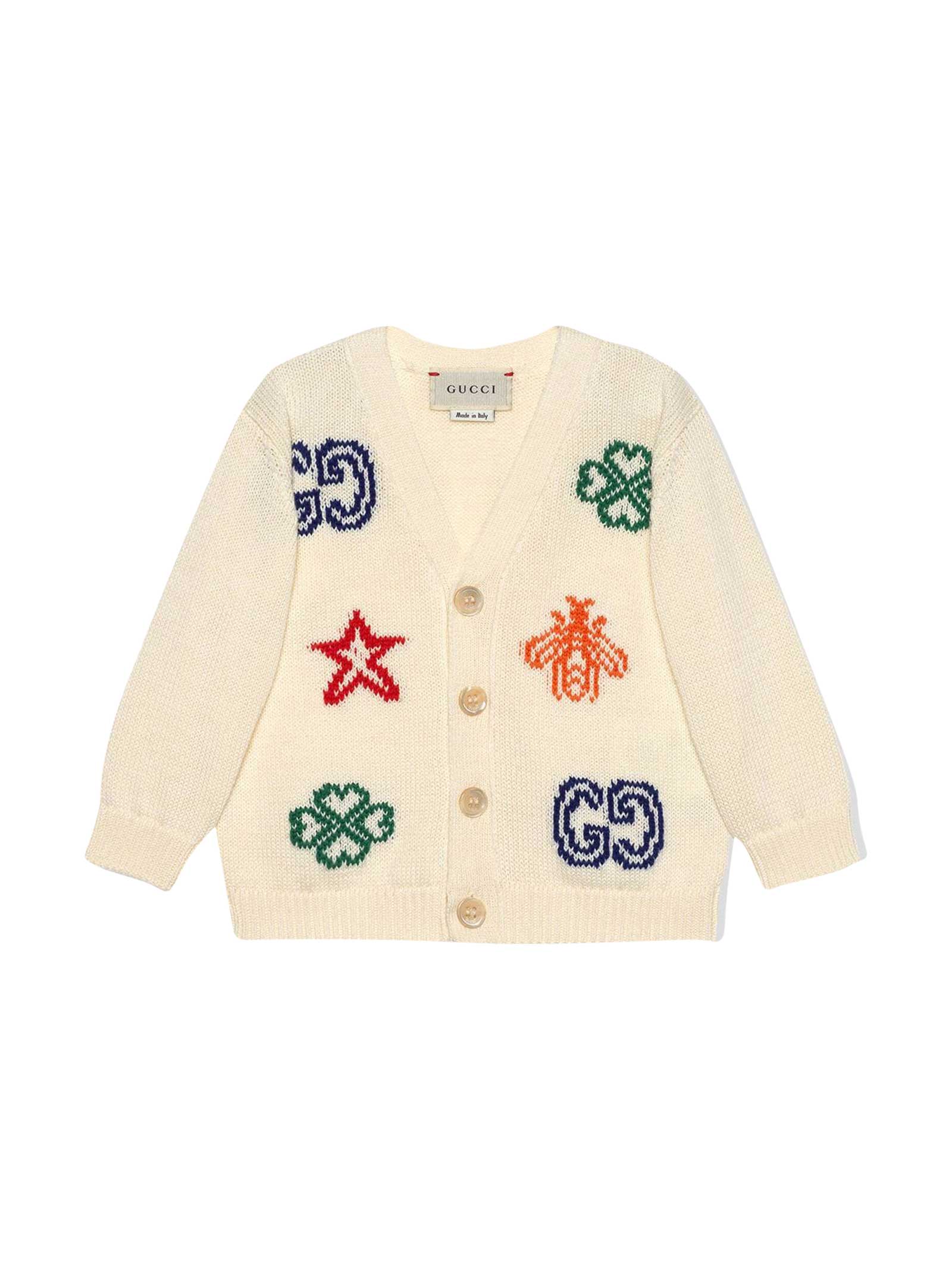 GUCCI WHITE CARDIGAN WITH MULTICOLOR PRINT YOUNG VERSACE,639457XKBMX 9061