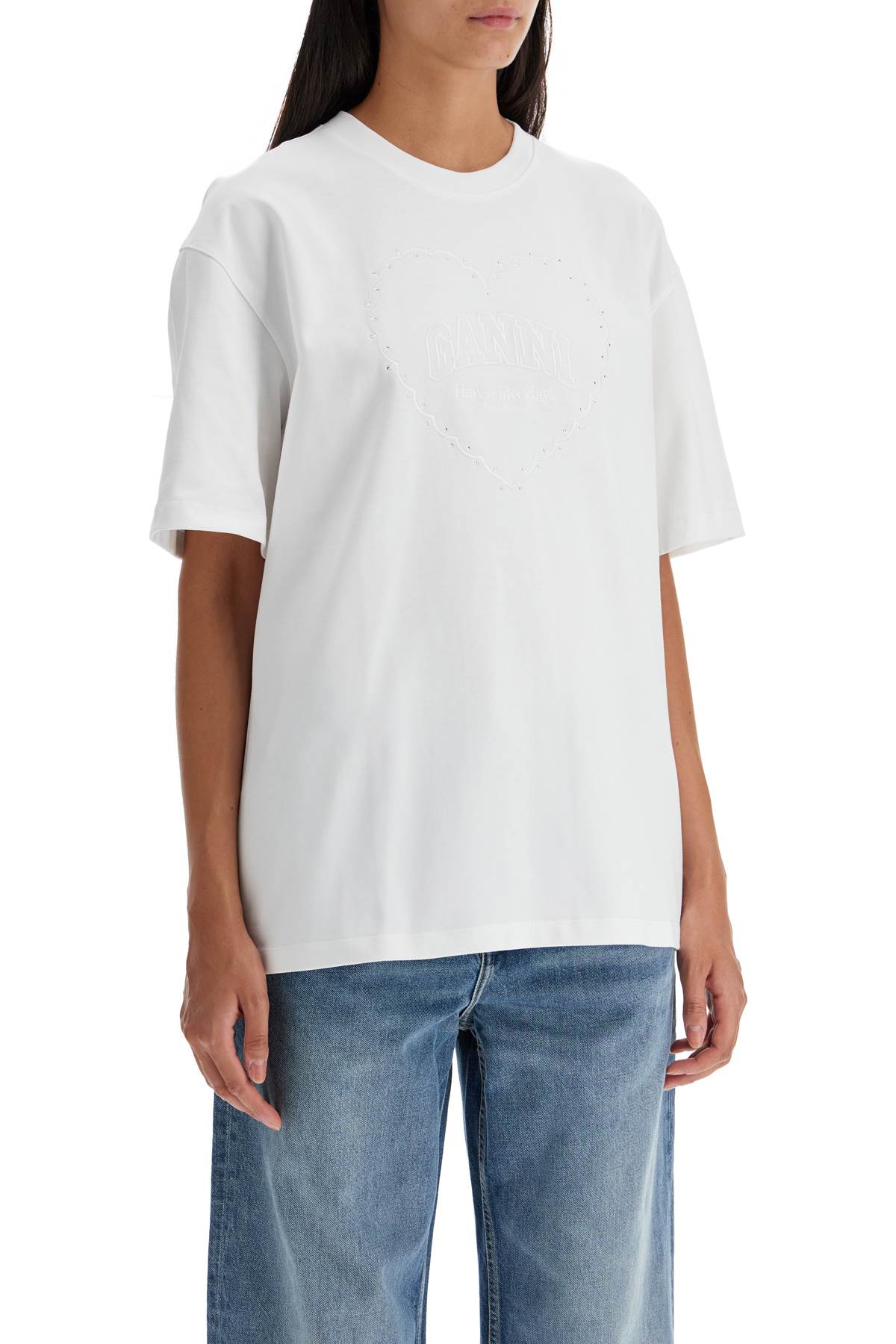 Tシャツ・カットソー GANNI Rhinestone logo embroidery T-shirt White Ganni Rhinestone Logo Embroidery T-shirt In White | ModeSens
