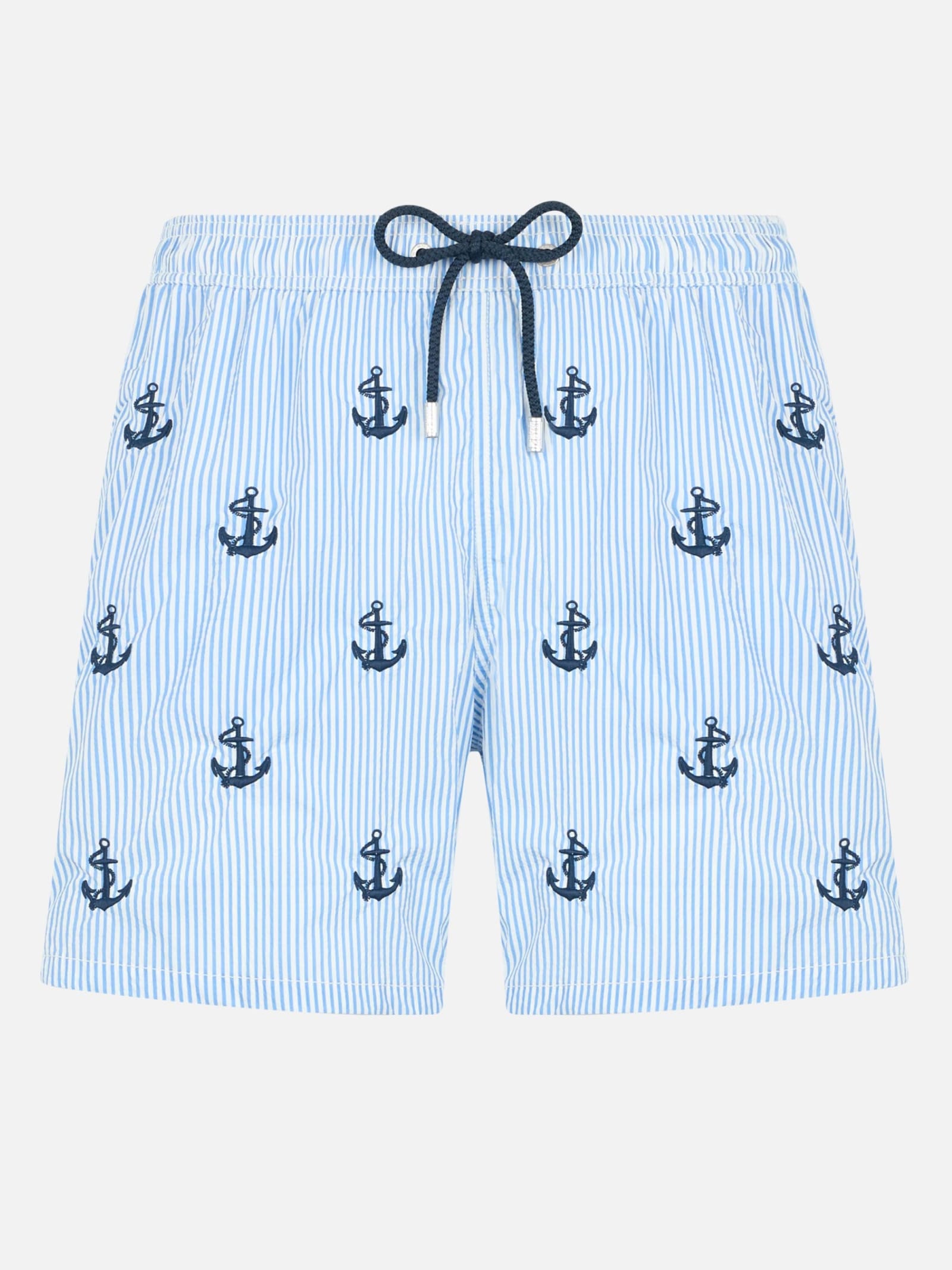 Man Mid-length Seersucker Gustavia Swim Shorts With Anchors Embroidery