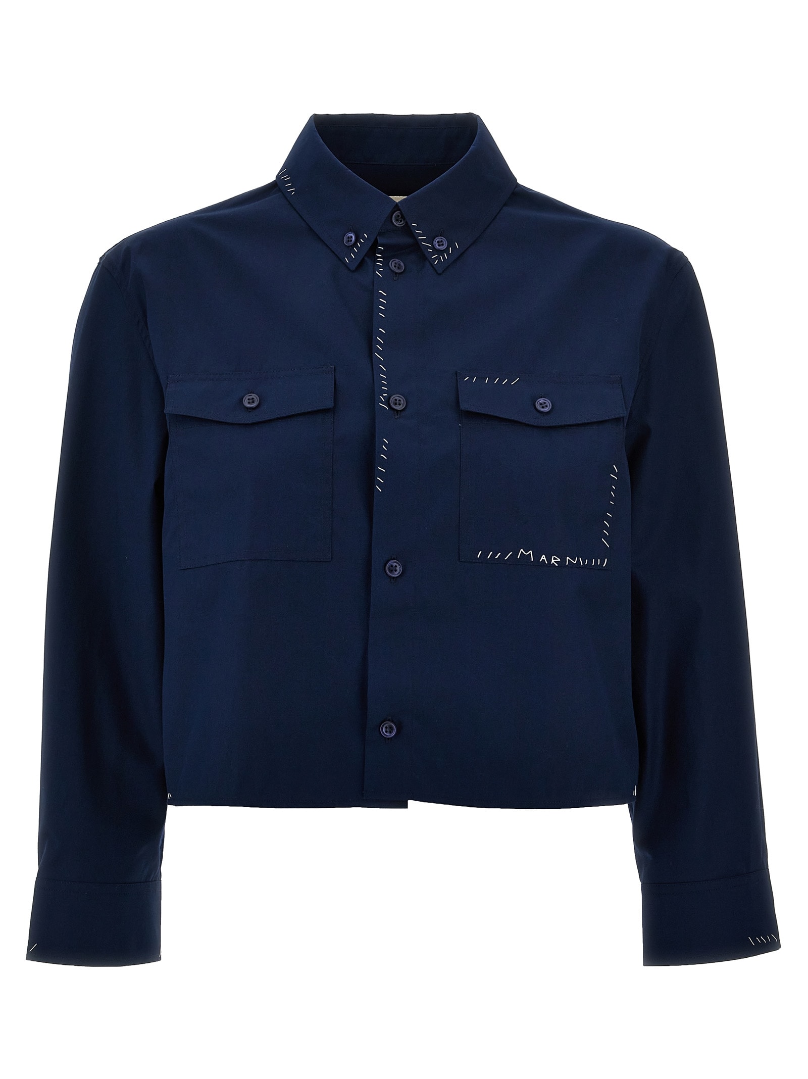 Shop Marni Logo Embroidery Stitching Shirt In Blue