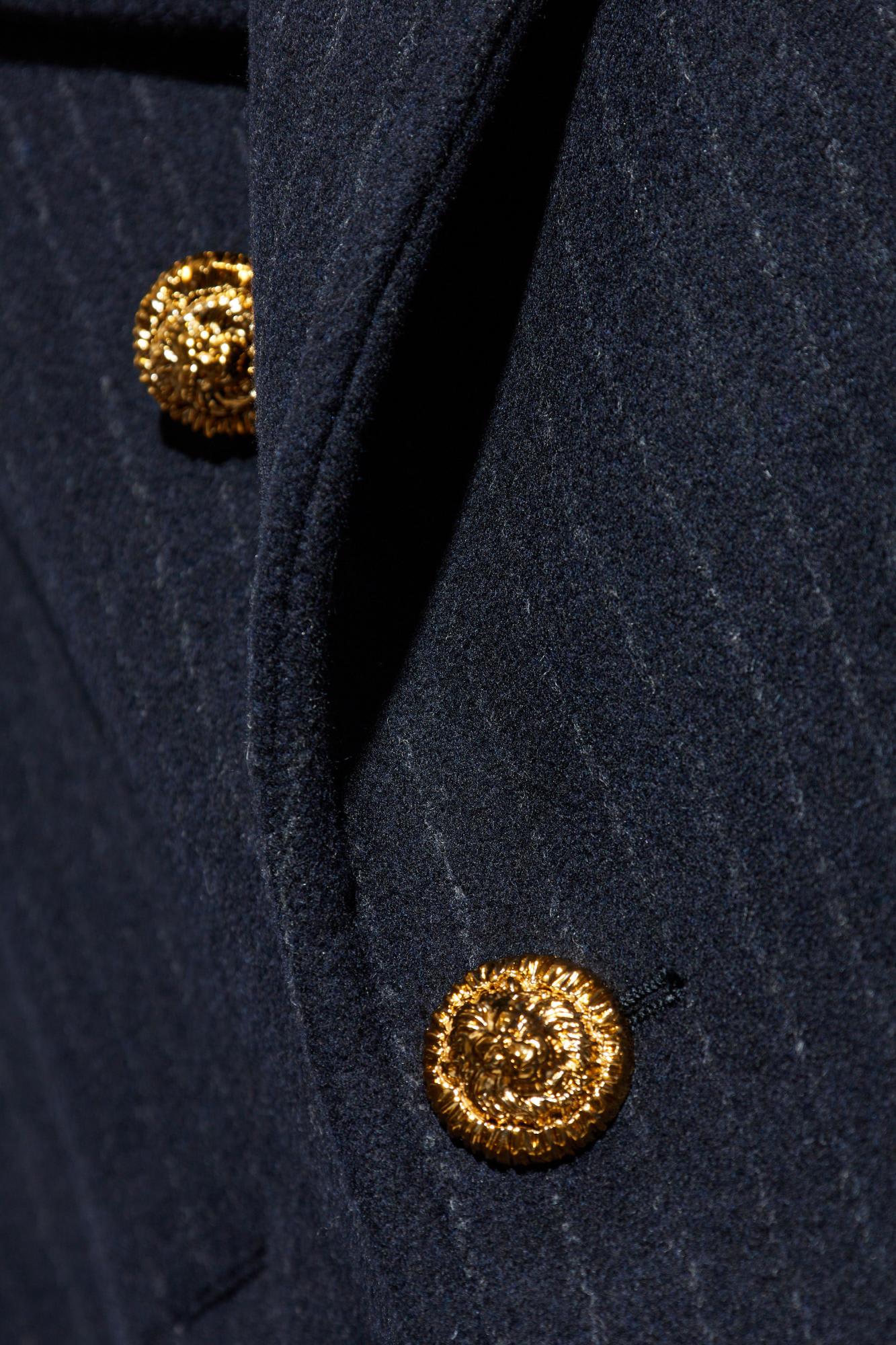 Balmain Merino Wool-blend Stripe Pea Coat In Blue