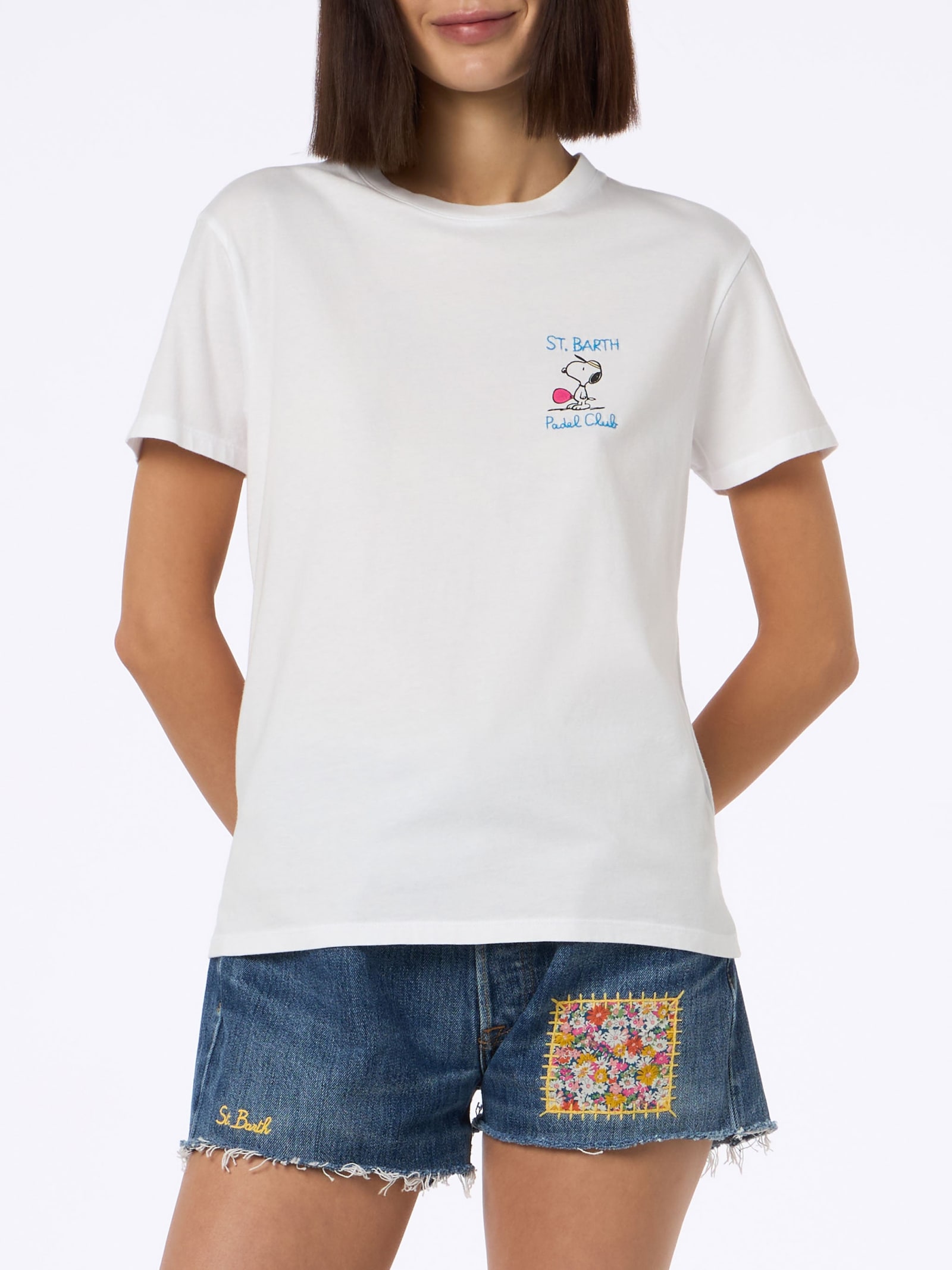 Mc2 Saint Barth Woman Pink Cotton Jersey Crewneck T-shirt Emilie With Snoopy St. Barth Padel Club Embroidery Snoopy In White