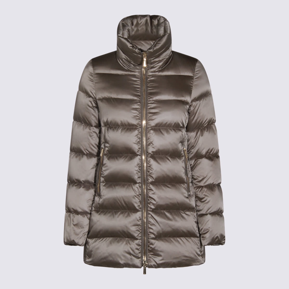 Moorer Long Quilted Down Jacket With High Collar In Brown