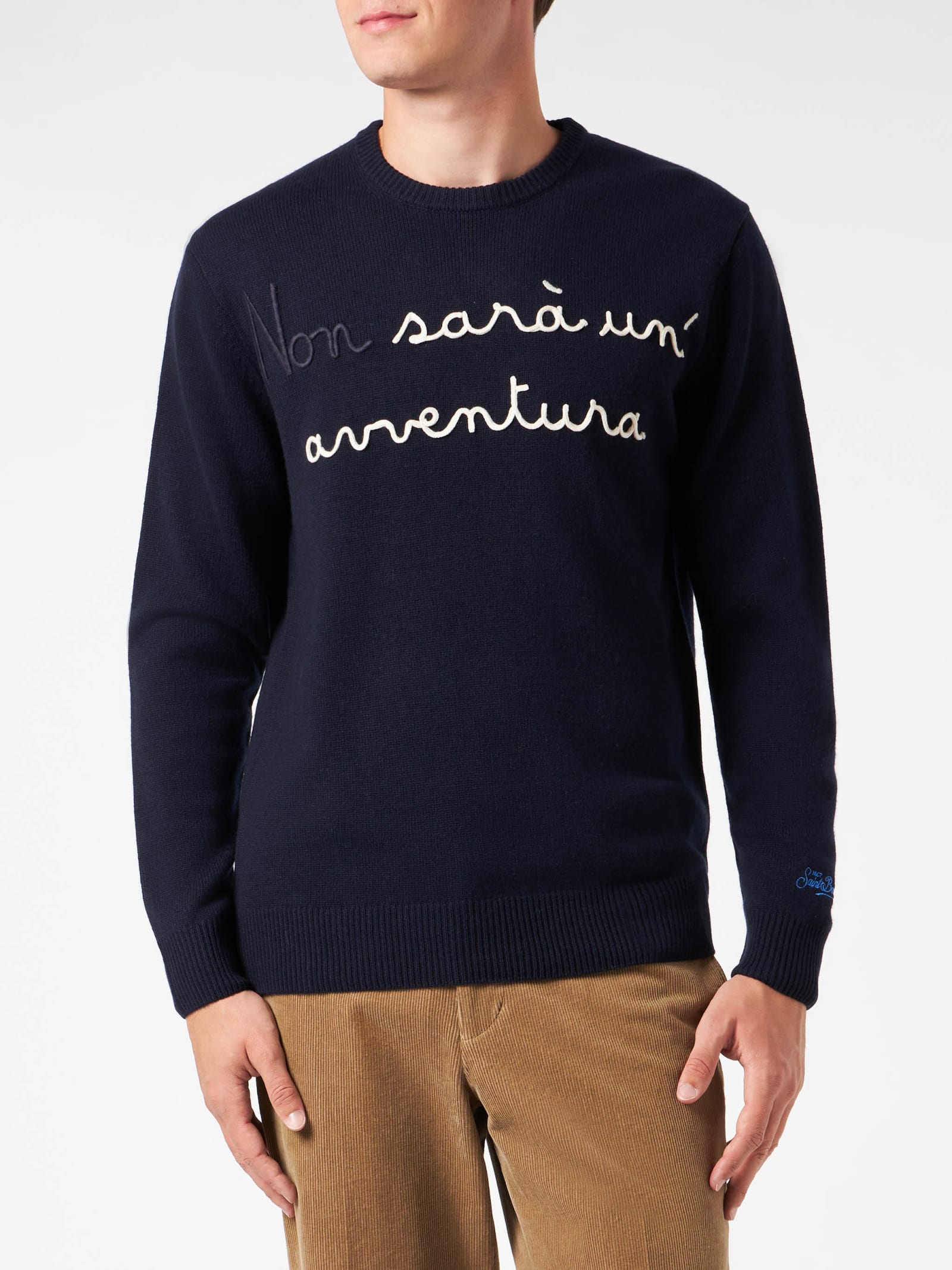 Shop Mc2 Saint Barth Man Crewneck Sweater With Non Sarà Unavventura Embroidery Niki Dj Special Edition In Blue