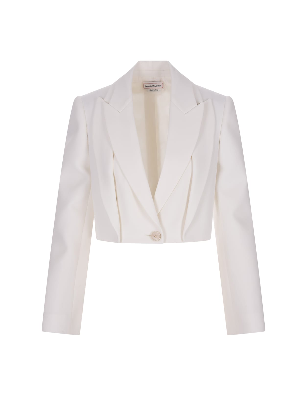 ALEXANDER MCQUEEN WHITE CROPPED JACKET WITH DOUBLE REVERS AND CUT-OUT