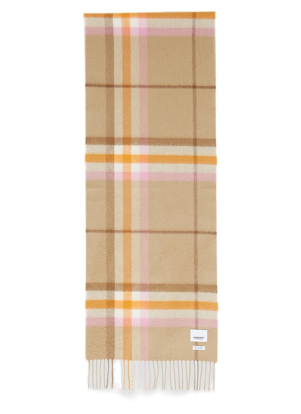 Shop Burberry Logo Patch Checked Fringed Scarf In Beige