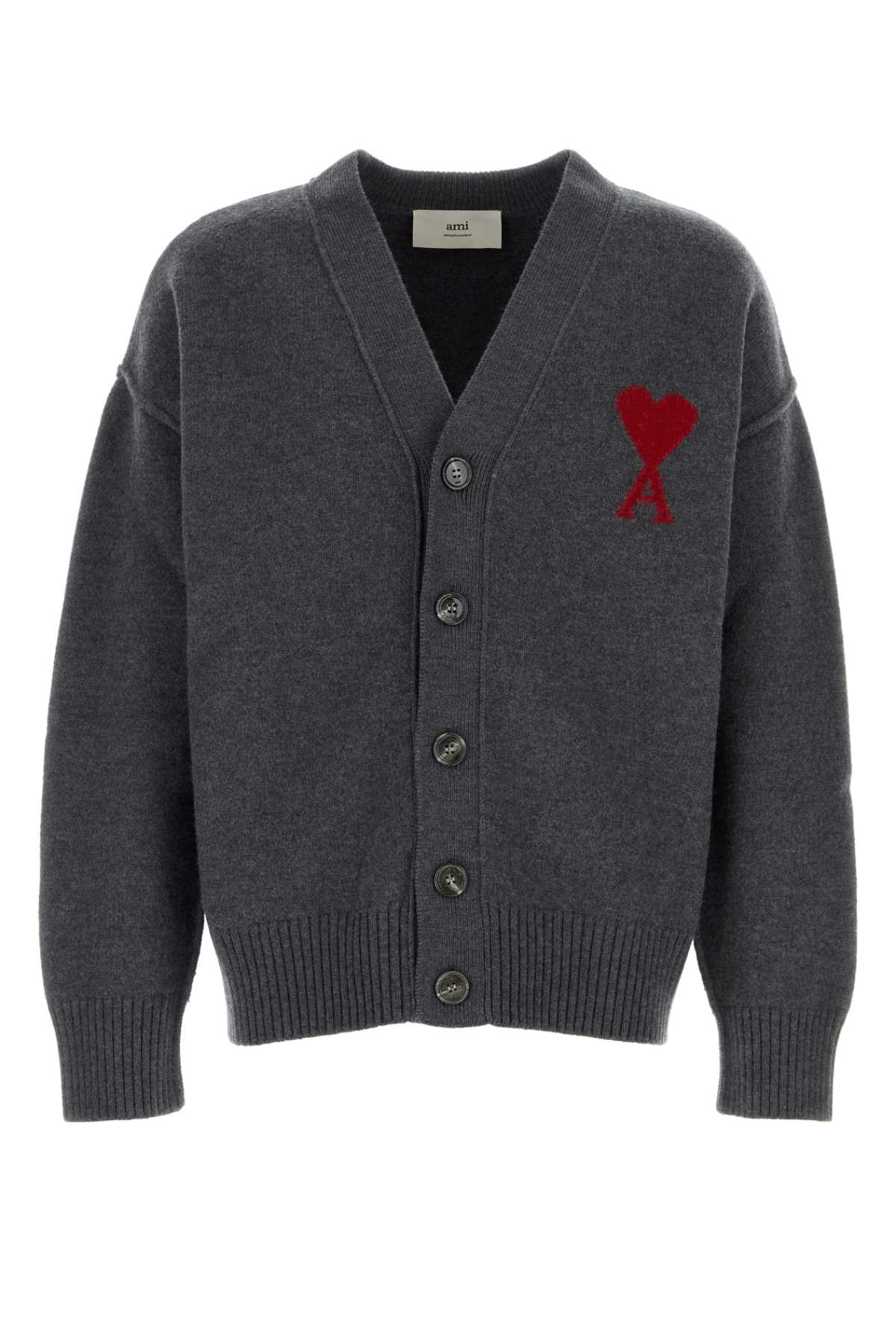 Ami Alexandre Mattiussi Ami De Coeur Heather Grey Wool Cardigan In Multi