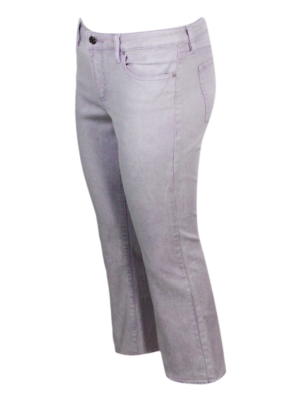 Shop Armani Collezioni 5-pocket Trousers In Faded Stretch Cotton Flare Capri Model With Trumpet Bottom. In Pink