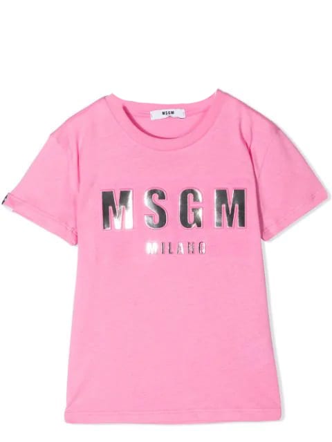 Shop Msgm Metallic Logo Print Cotton T-shirt In Rosa