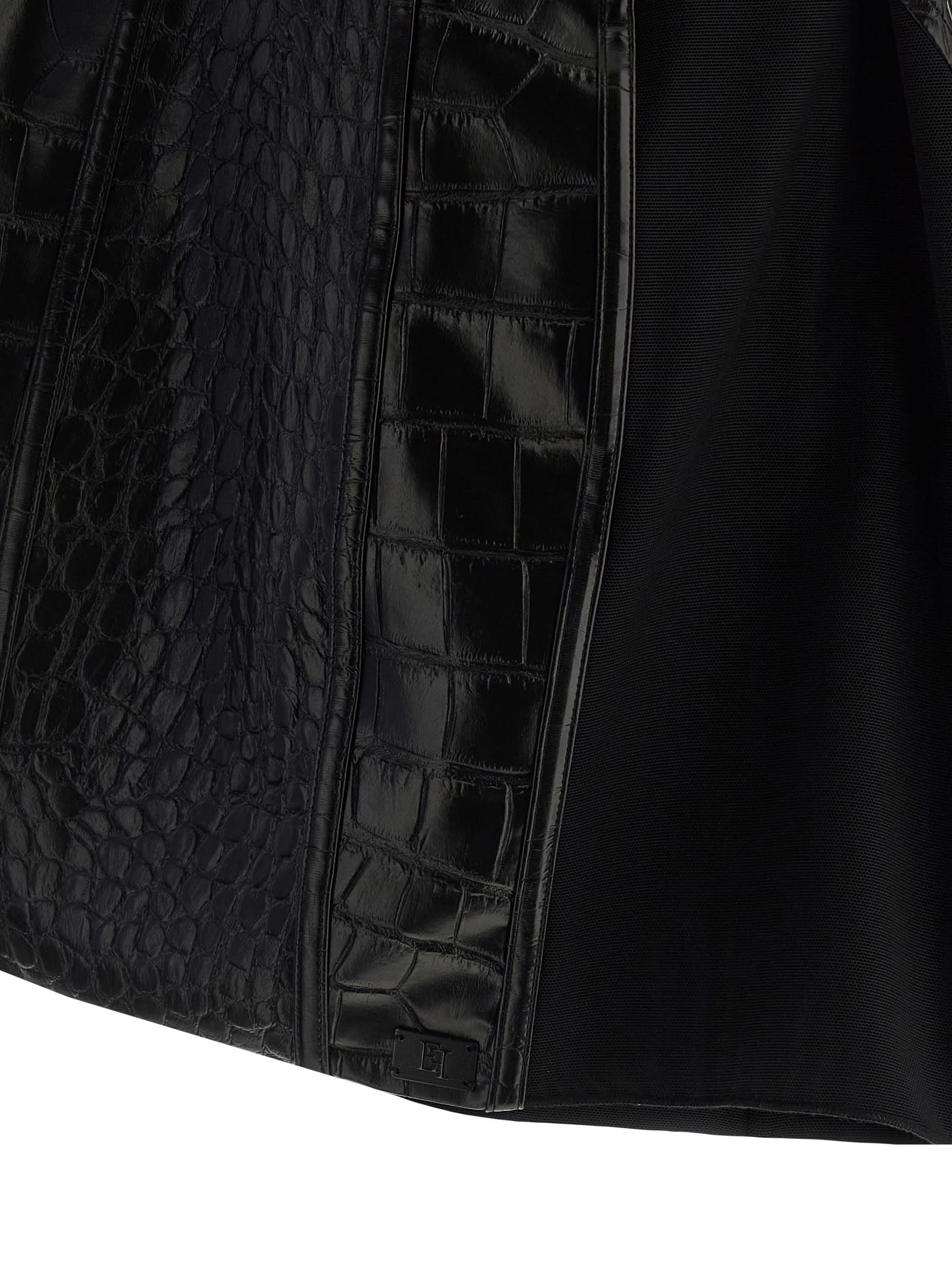 Elisabetta Franchi Croc-embossed Sheer Paneling Sleeveless Dress In Black