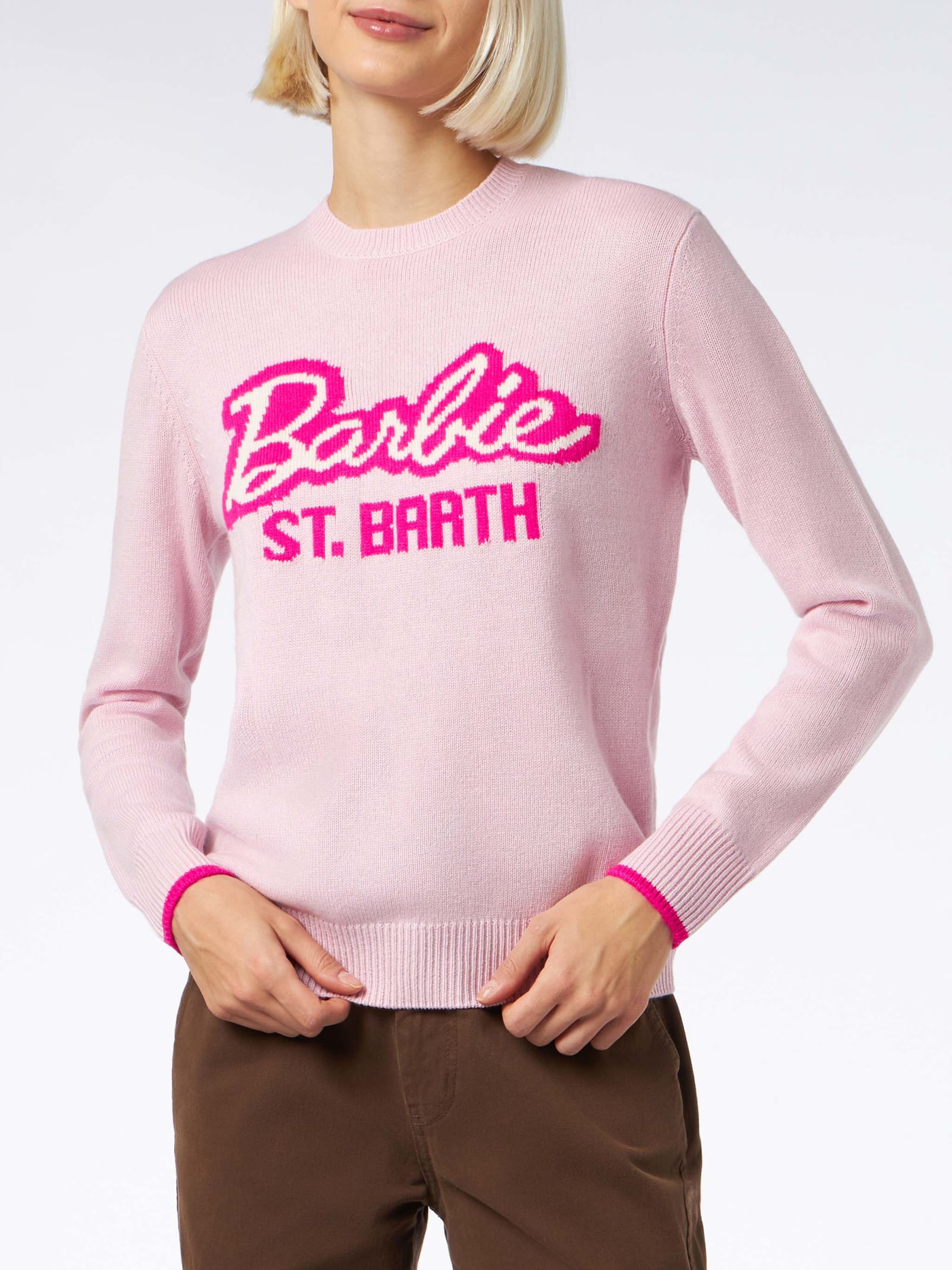 Shop Mc2 Saint Barth Woman Crewneck Pink Sweater With Barbie Print Barbie Special Edition