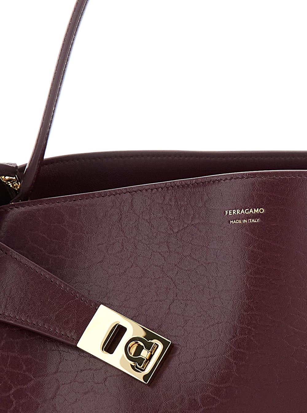 Ferragamo Hug Bordeaux Shoulder Bag With Logo Printed On Front In Hammered Leather Woman In Burgundy