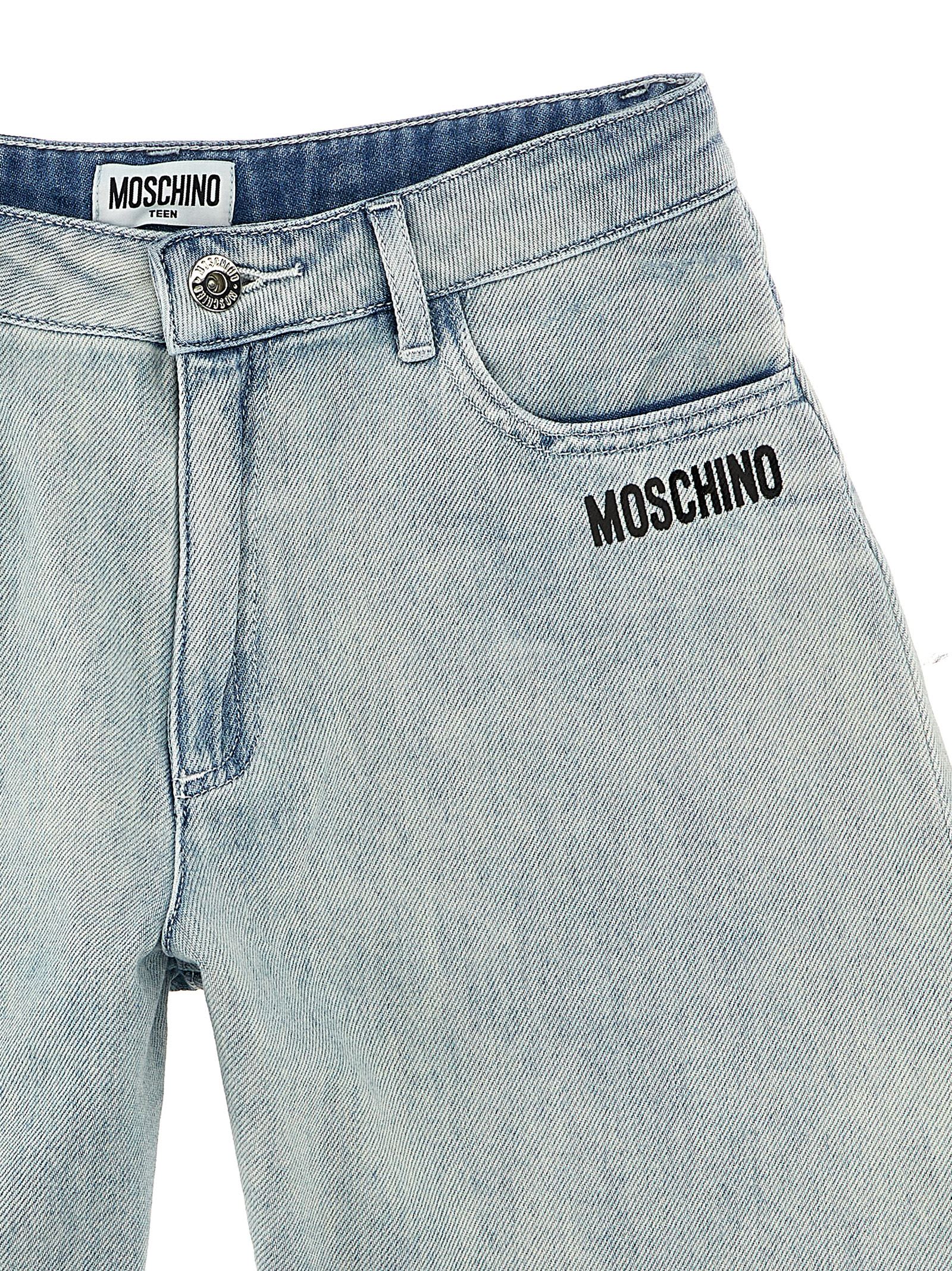 Shop Moschino Logo Print Denim Shorts In Light Blue