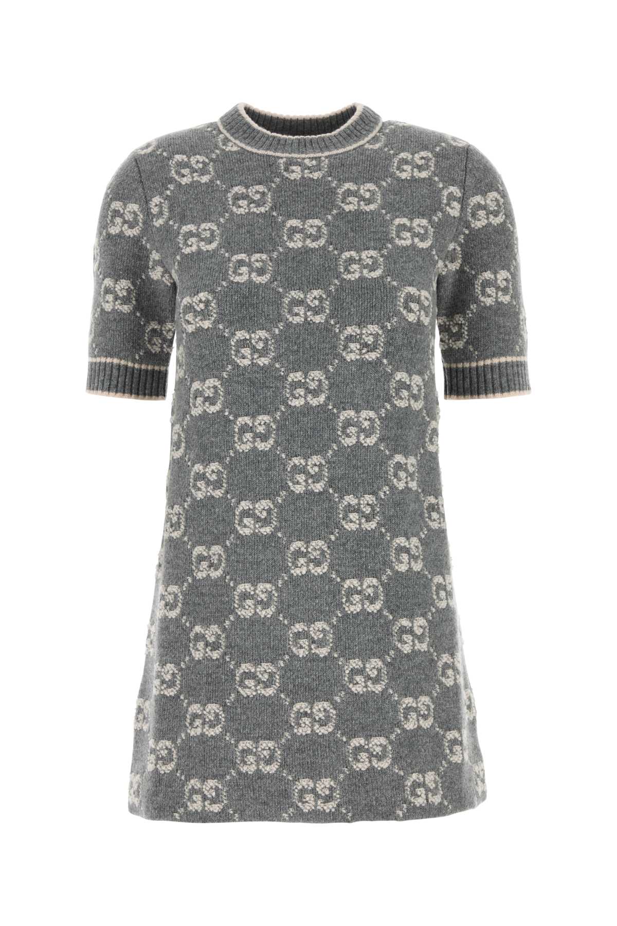 Shop Gucci Embroidered Wool Mini Dress In Greyivory