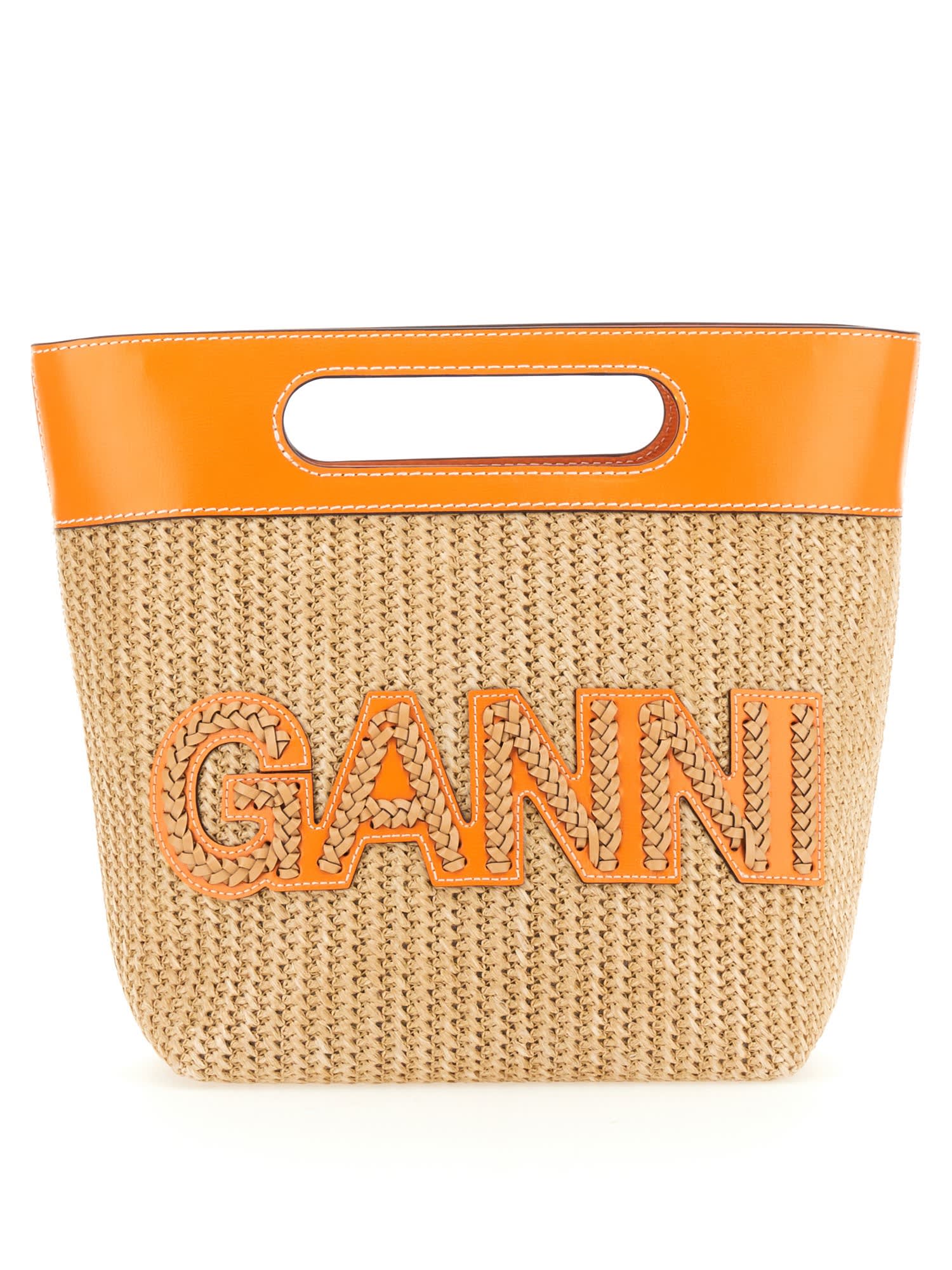 Shop Ganni Kraft Raffia Small Tote Bag In Beige