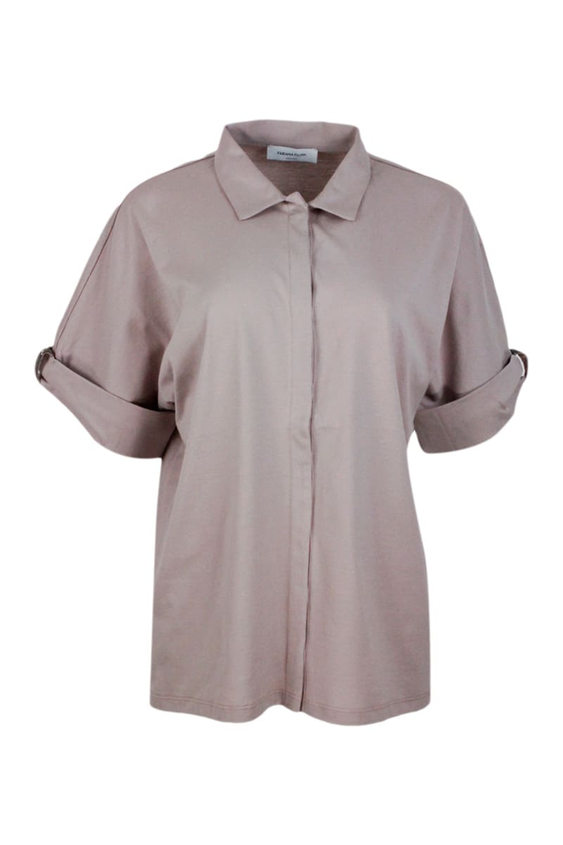 Shop Fabiana Filippi Polo Shirt In Stretch Cotton Jersey With Short Sleeves And Cuffs Embellished With Jewels In Pink