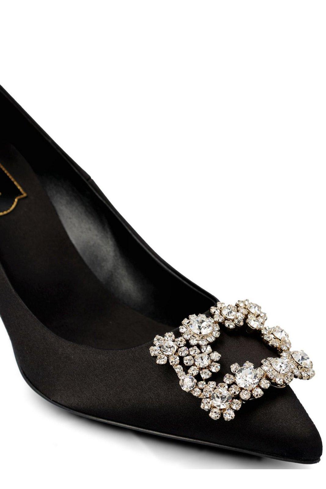 Roger Vivier 65 Crystal Flower Buckle Satin Pumps In Black