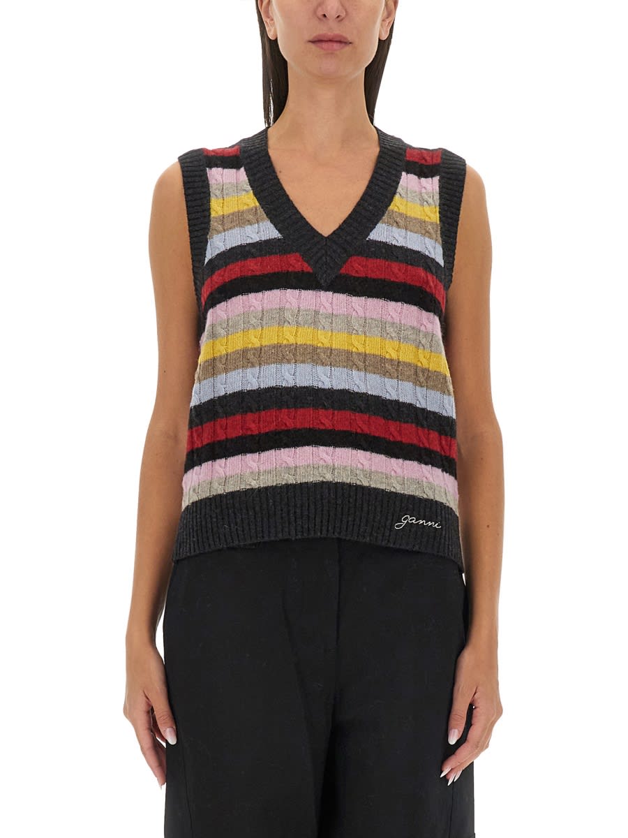 Shop Ganni Vest With Logo And Stripe Pattern In Multicolour