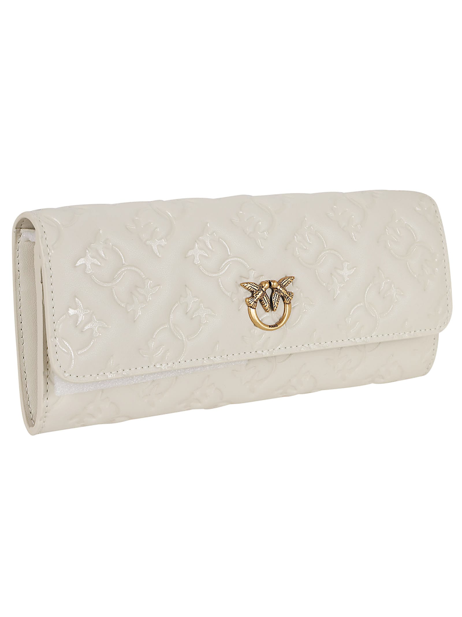 Shop Pinko Love Tiny Birds Wallet On Chain In Q Bianco Seta Antique Gold