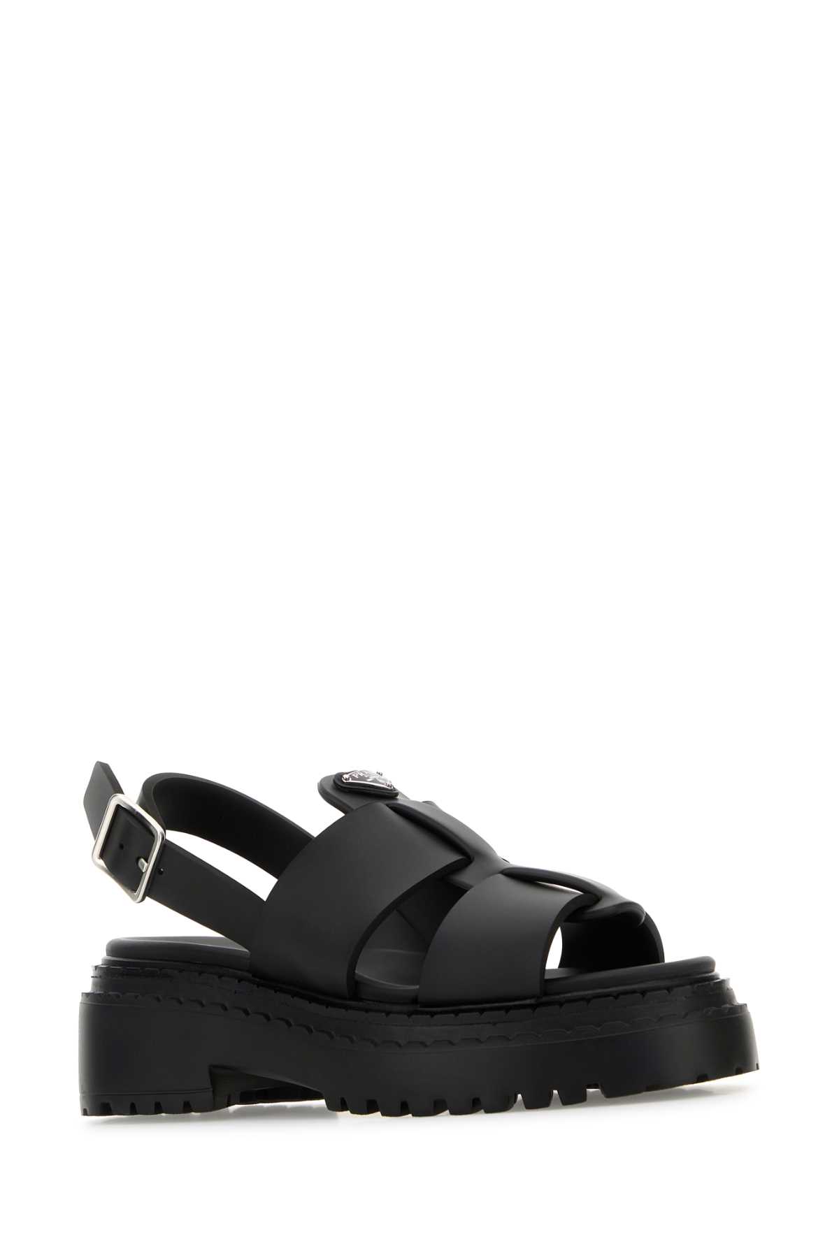 Prada Leather Chunky Sole Sandals With Cross Strap In Black