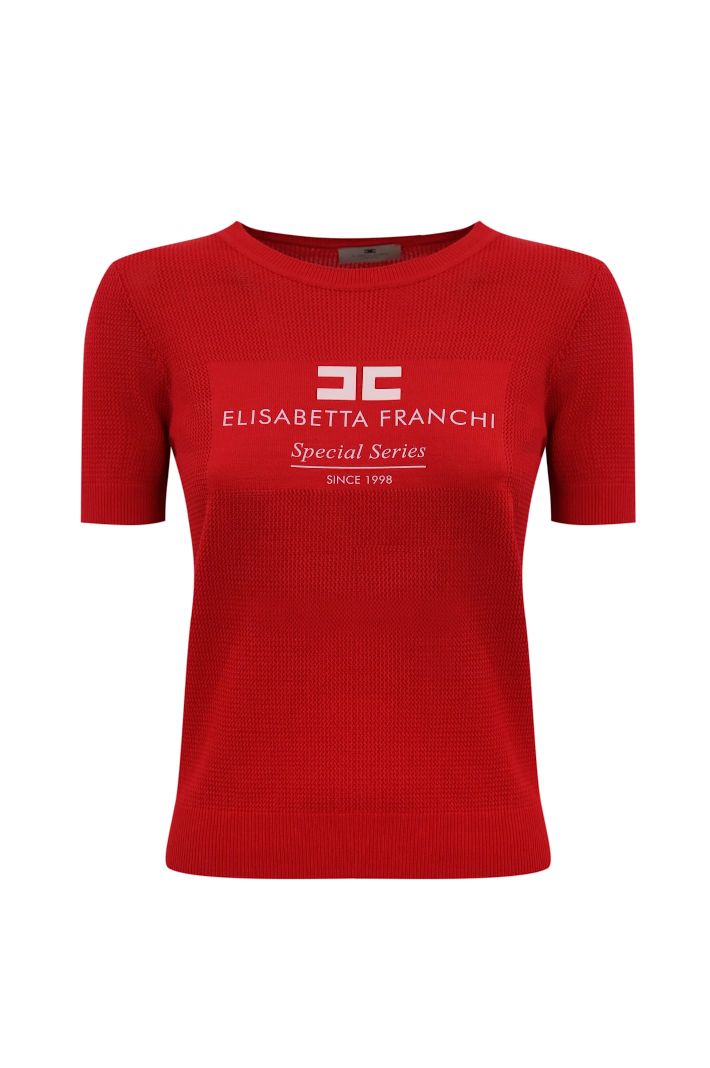 Shop Elisabetta Franchi Net Stitch Viscose Sweater With Intarsia Logo In Red Passion